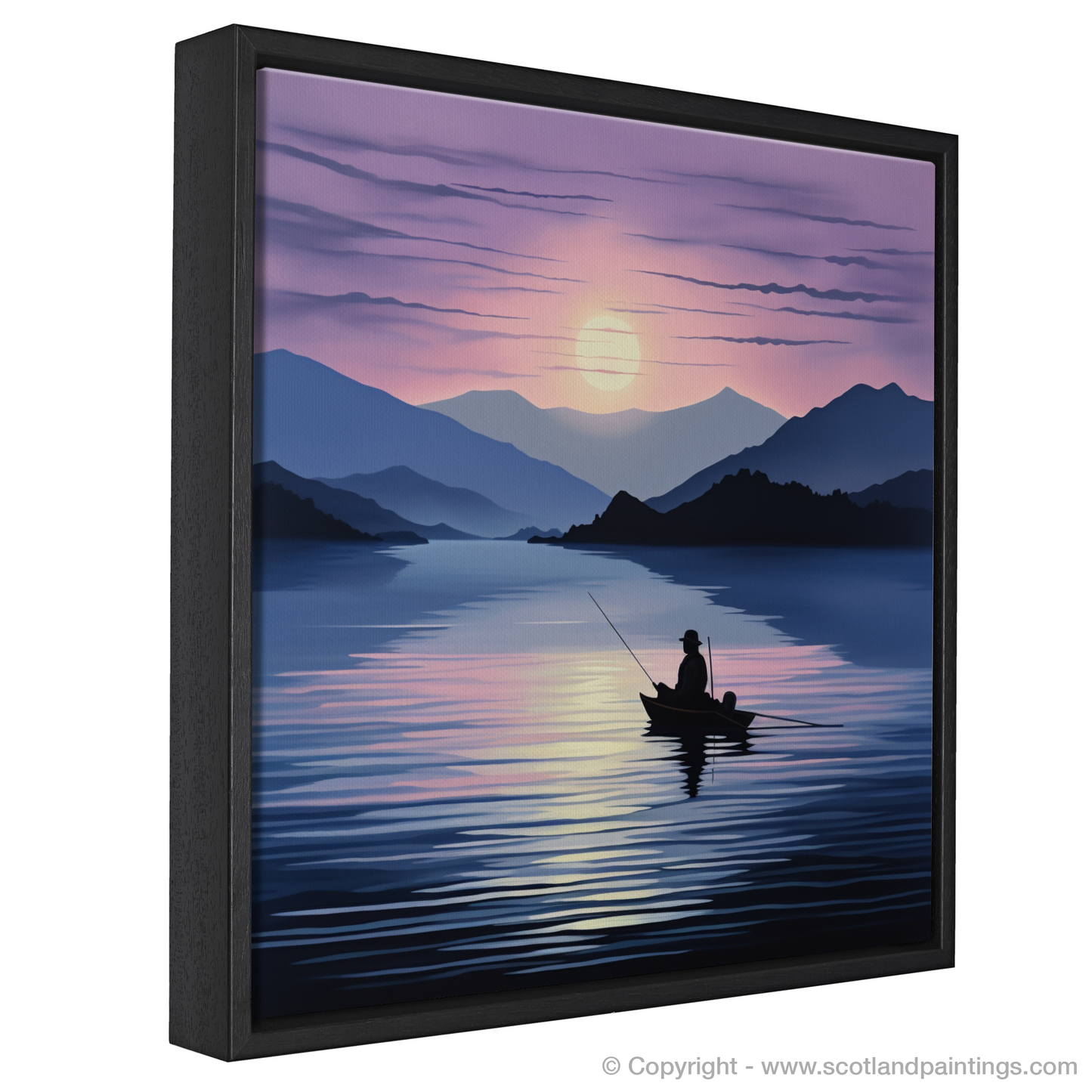 Painting and Art Print of Silhouetted fisherman on Loch Lomond entitled "Silhouetted Fisherman at Dusk on Loch Lomond".