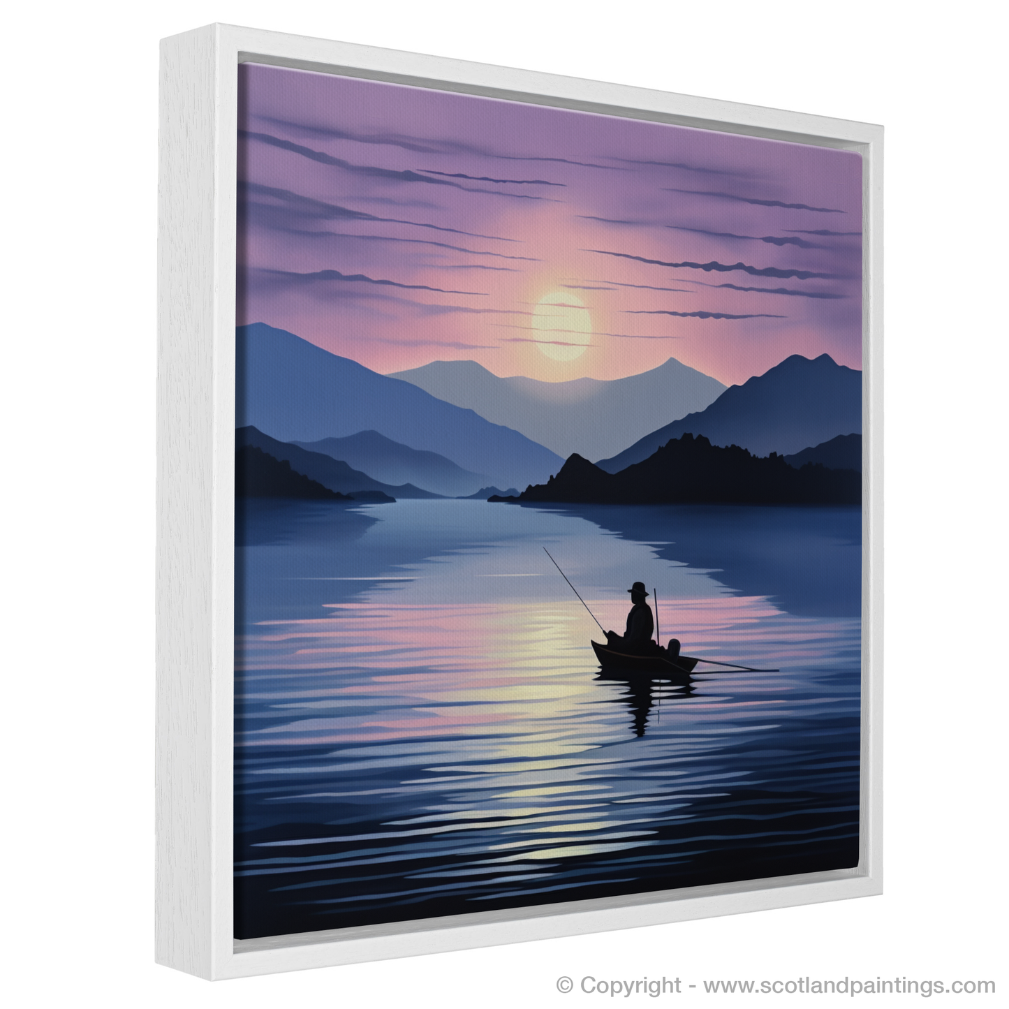 Painting and Art Print of Silhouetted fisherman on Loch Lomond entitled "Silhouetted Fisherman at Dusk on Loch Lomond".