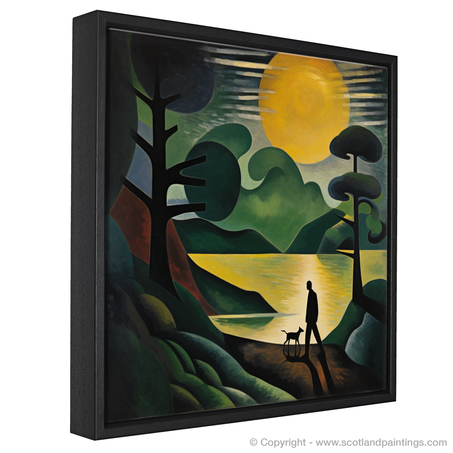 Painting and Art Print of A man walking dog at the side of Loch Lomond entitled "Solitude and Companionship by Loch Lomond".