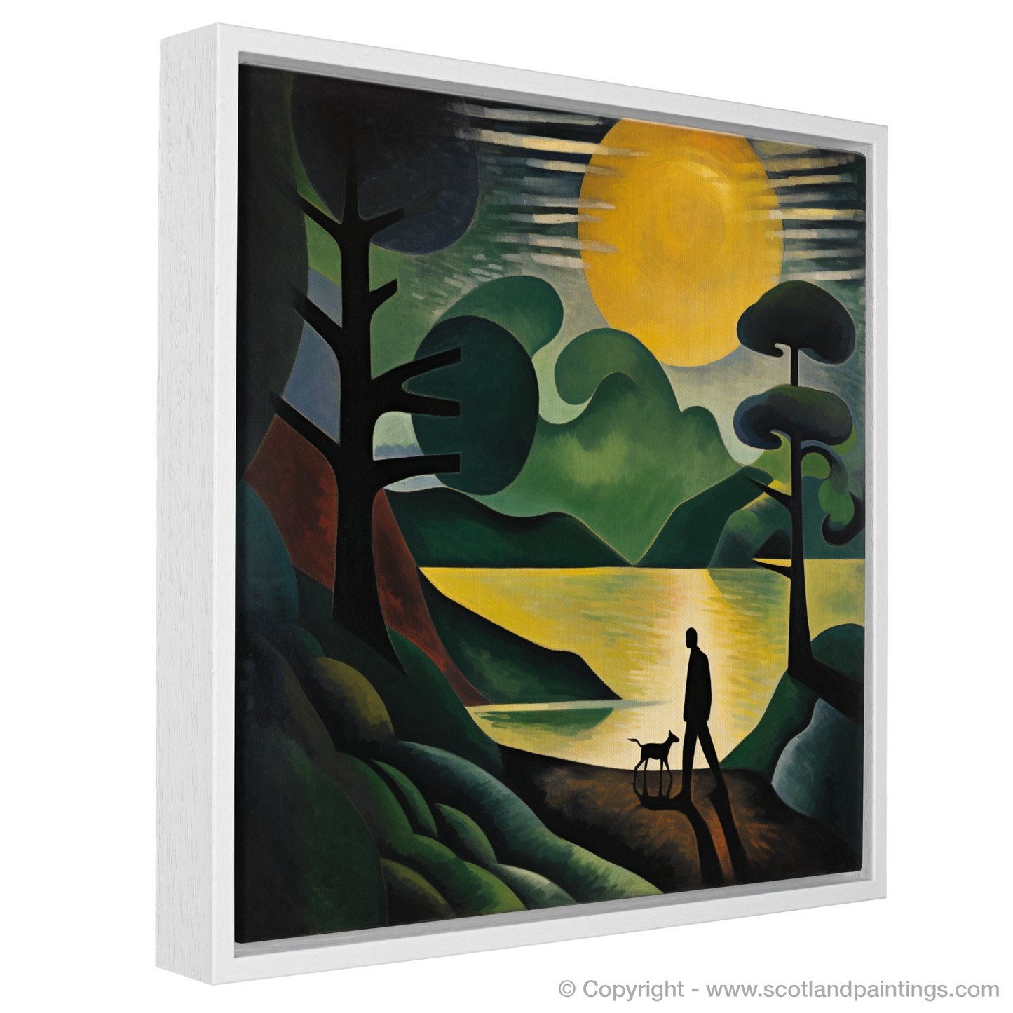 Painting and Art Print of A man walking dog at the side of Loch Lomond entitled "Solitude and Companionship by Loch Lomond".