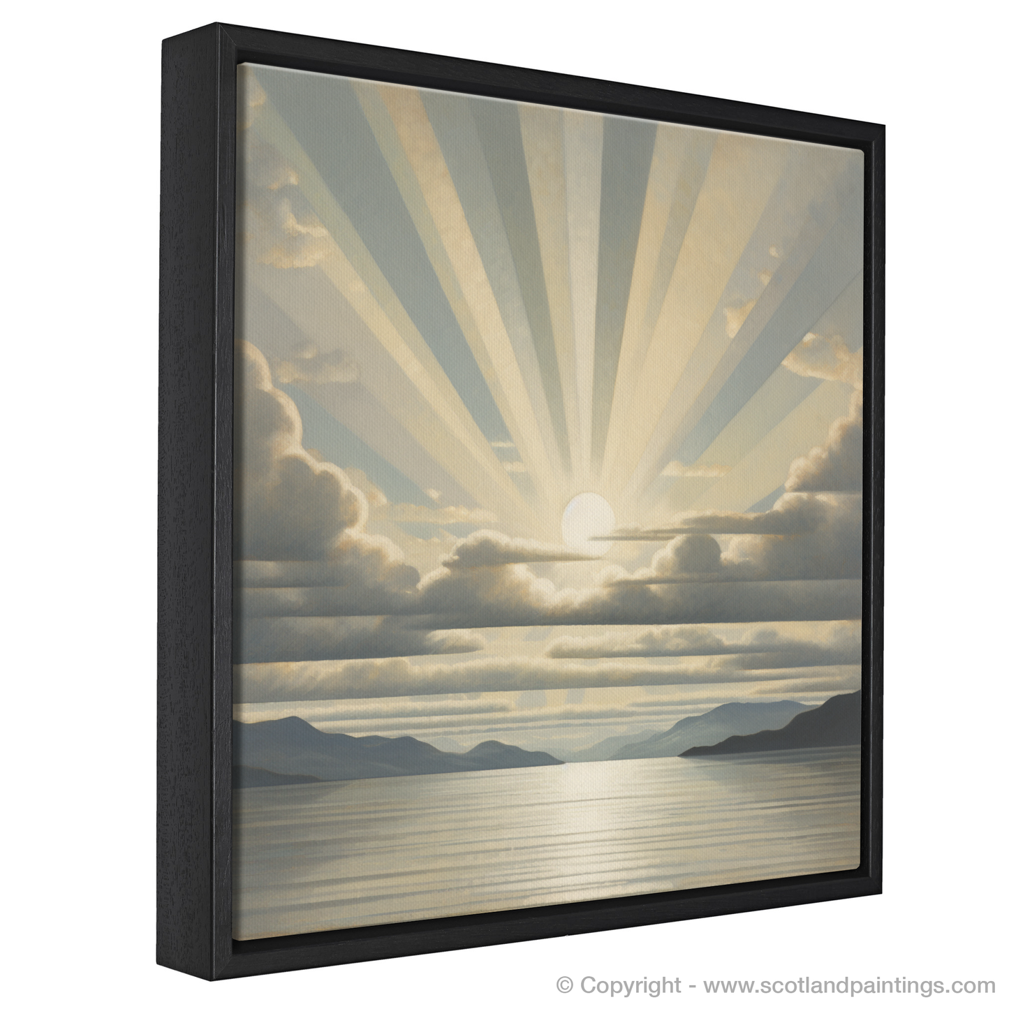 Painting and Art Print of Sun rays through clouds above Loch Lomond entitled "Sunlight Majesty over Loch Lomond".