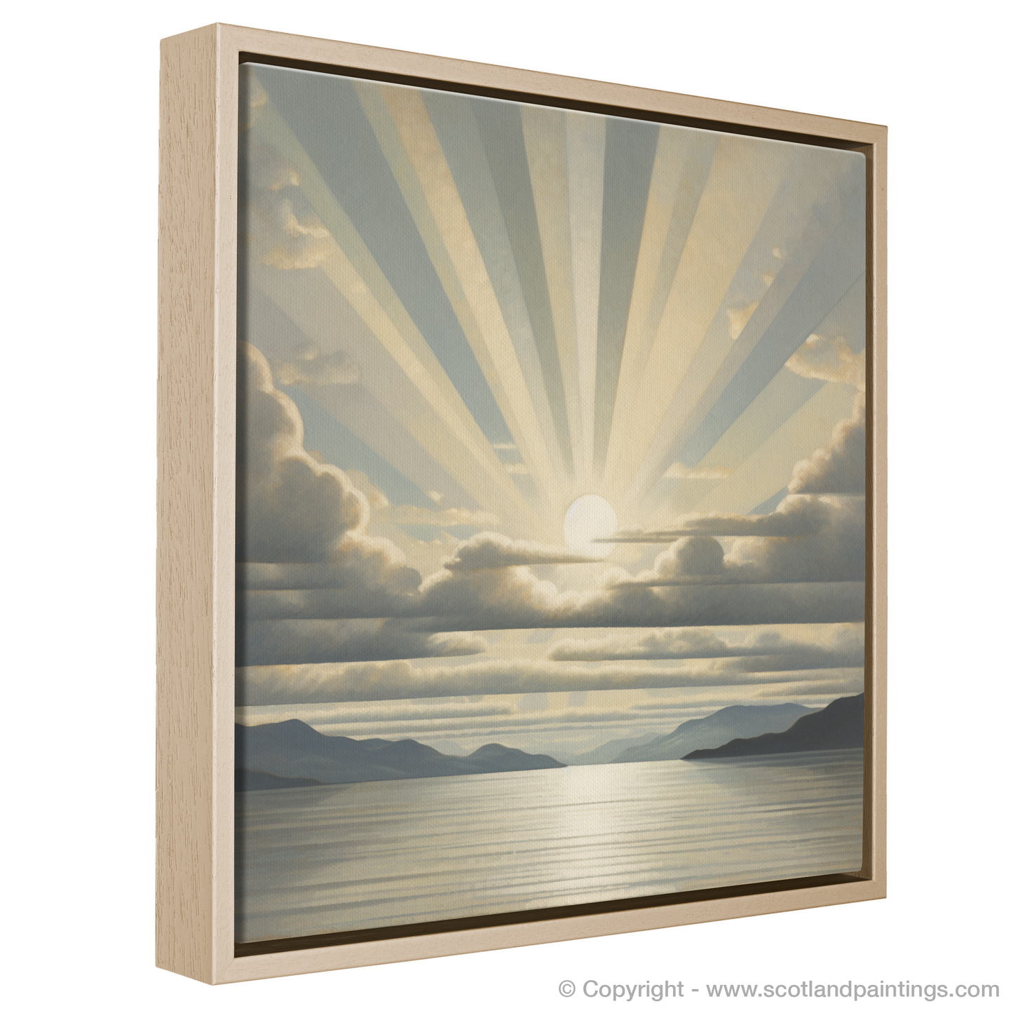 Painting and Art Print of Sun rays through clouds above Loch Lomond entitled "Sunlight Majesty over Loch Lomond".