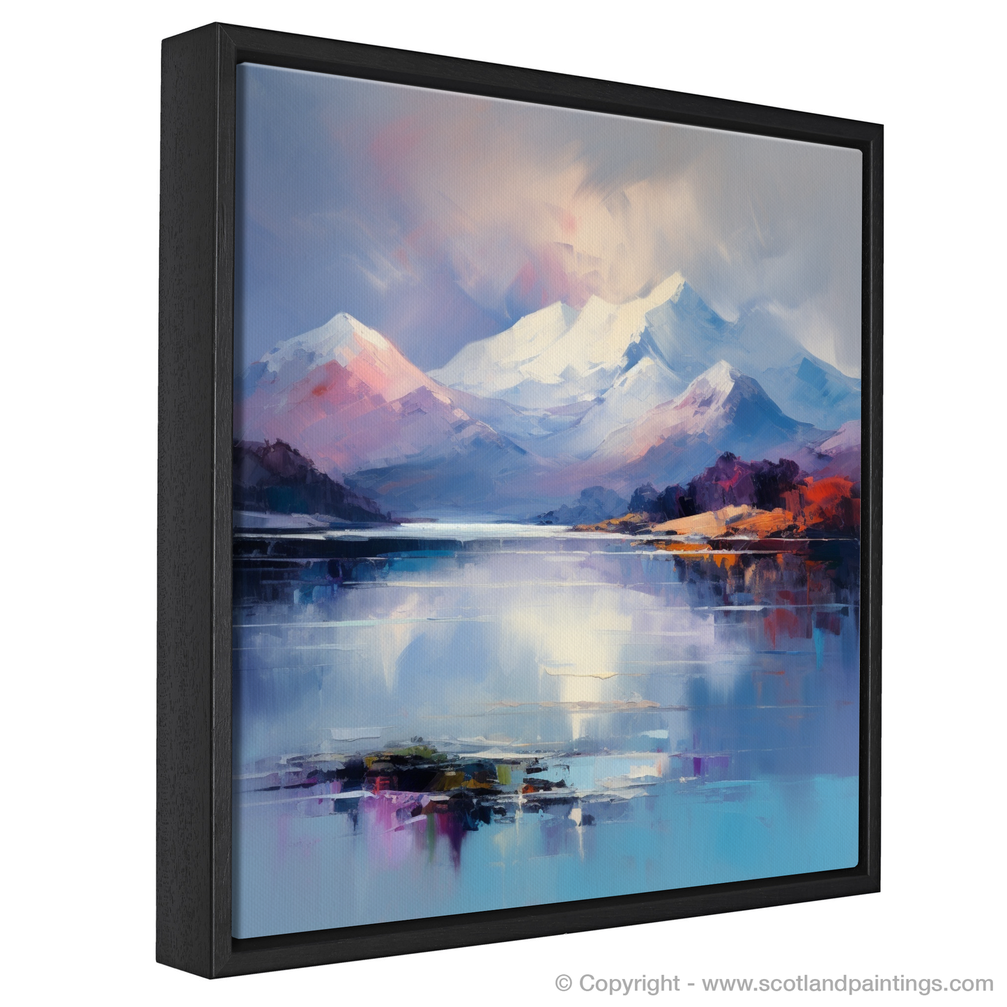 Painting and Art Print of Snow-capped peaks overlooking Loch Lomond entitled "Highland Serenity: Loch Lomond in Expressionist Hues".