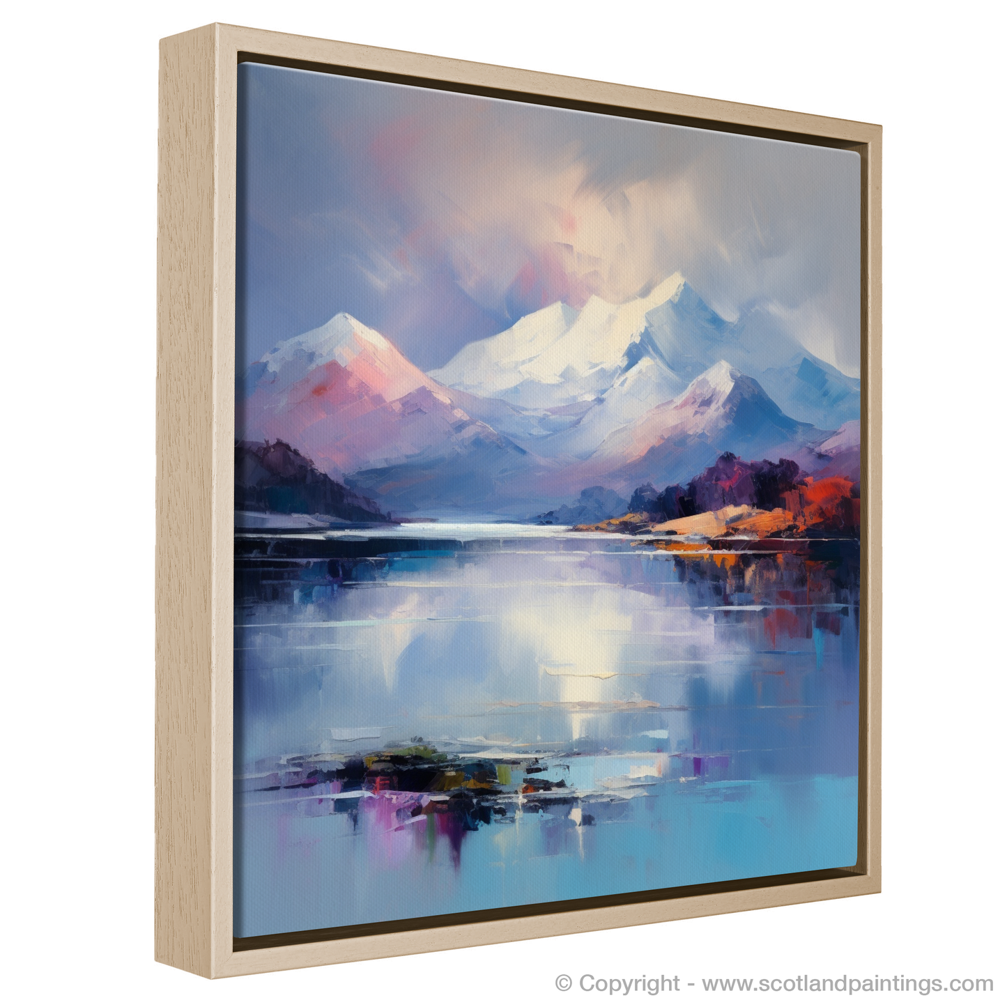 Painting and Art Print of Snow-capped peaks overlooking Loch Lomond entitled "Highland Serenity: Loch Lomond in Expressionist Hues".