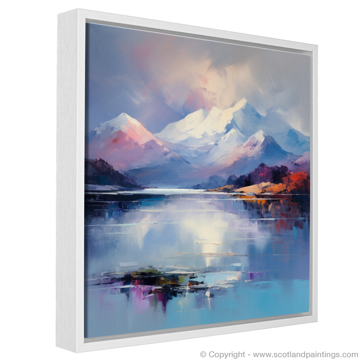 Painting and Art Print of Snow-capped peaks overlooking Loch Lomond entitled "Highland Serenity: Loch Lomond in Expressionist Hues".