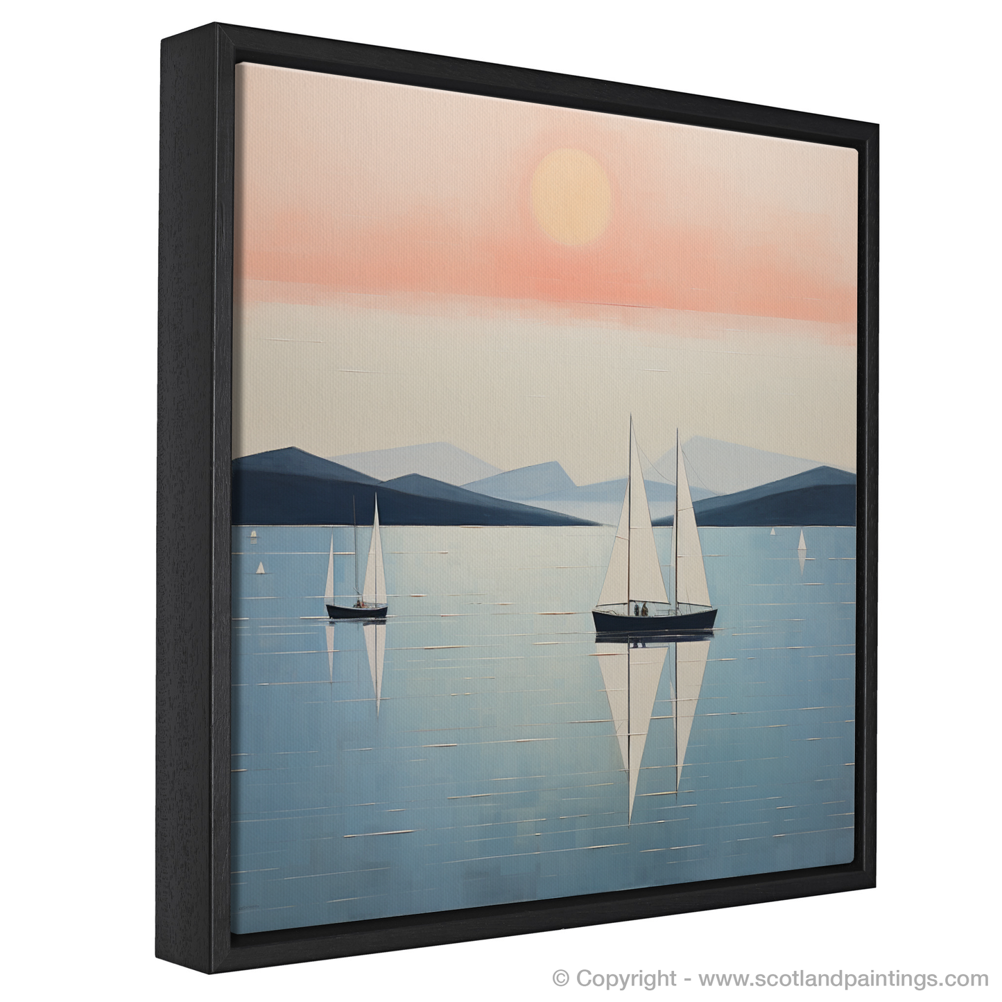 Painting and Art Print of Sailing boats on Loch Lomond at sunset entitled "Sailing into Serenity: A Minimalist Sunset on Loch Lomond".