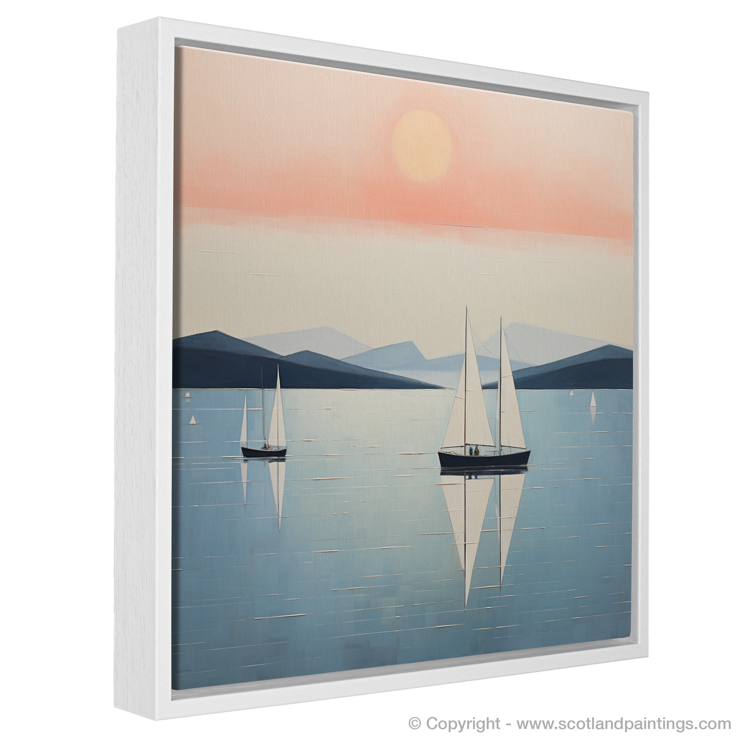 Painting and Art Print of Sailing boats on Loch Lomond at sunset entitled "Sailing into Serenity: A Minimalist Sunset on Loch Lomond".