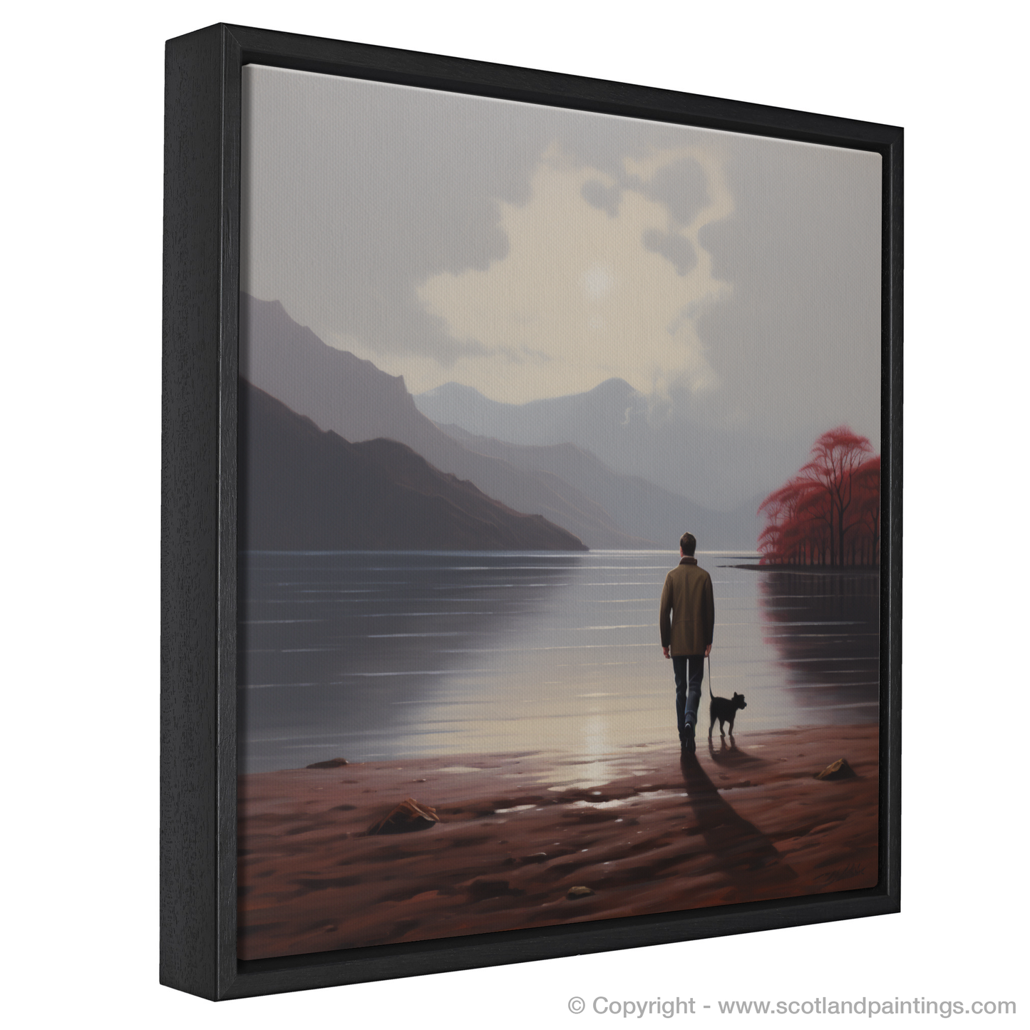 Painting and Art Print of A man walking dog at the side of Loch Lomond entitled "A Leisurely Stroll by Loch Lomond".