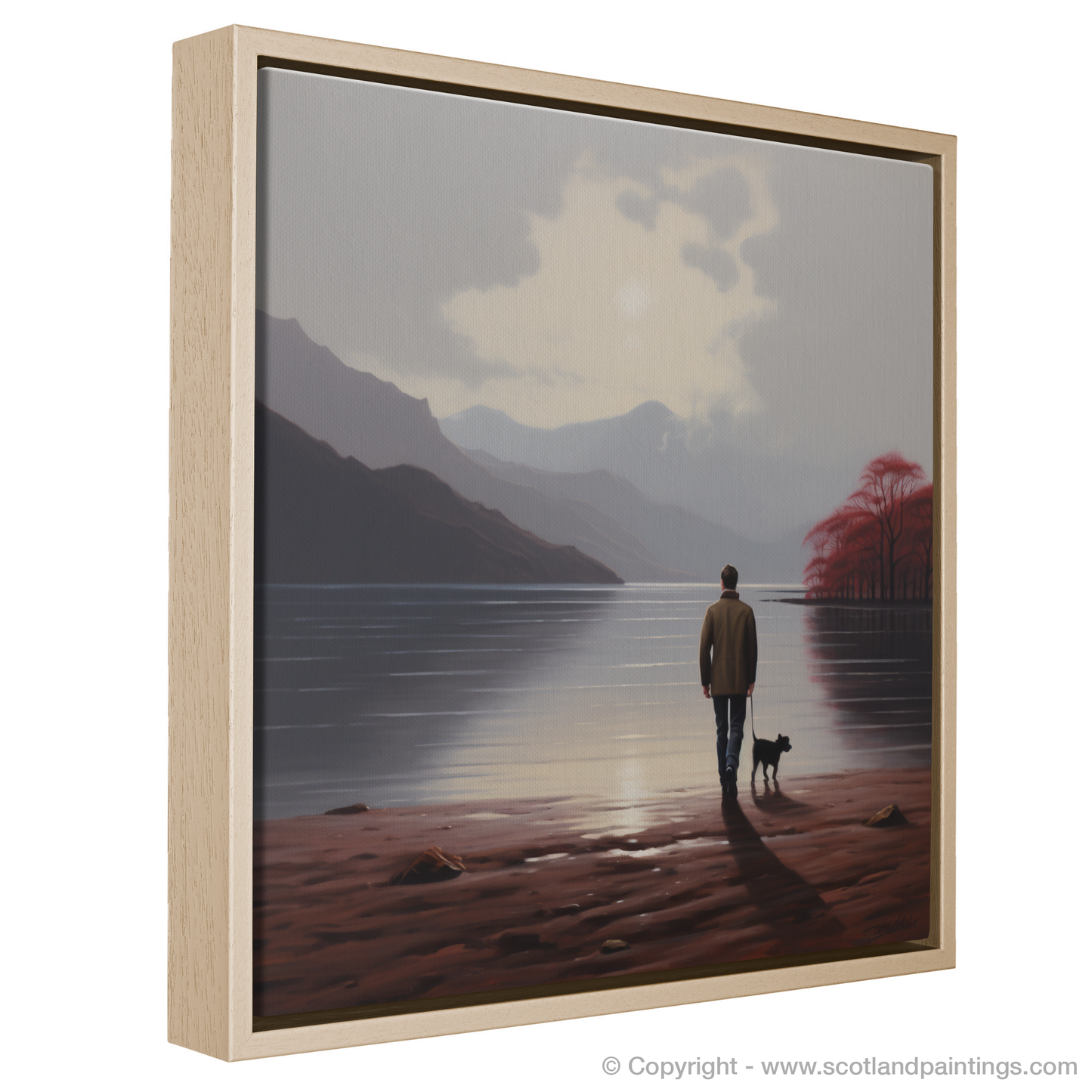 Painting and Art Print of A man walking dog at the side of Loch Lomond entitled "A Leisurely Stroll by Loch Lomond".