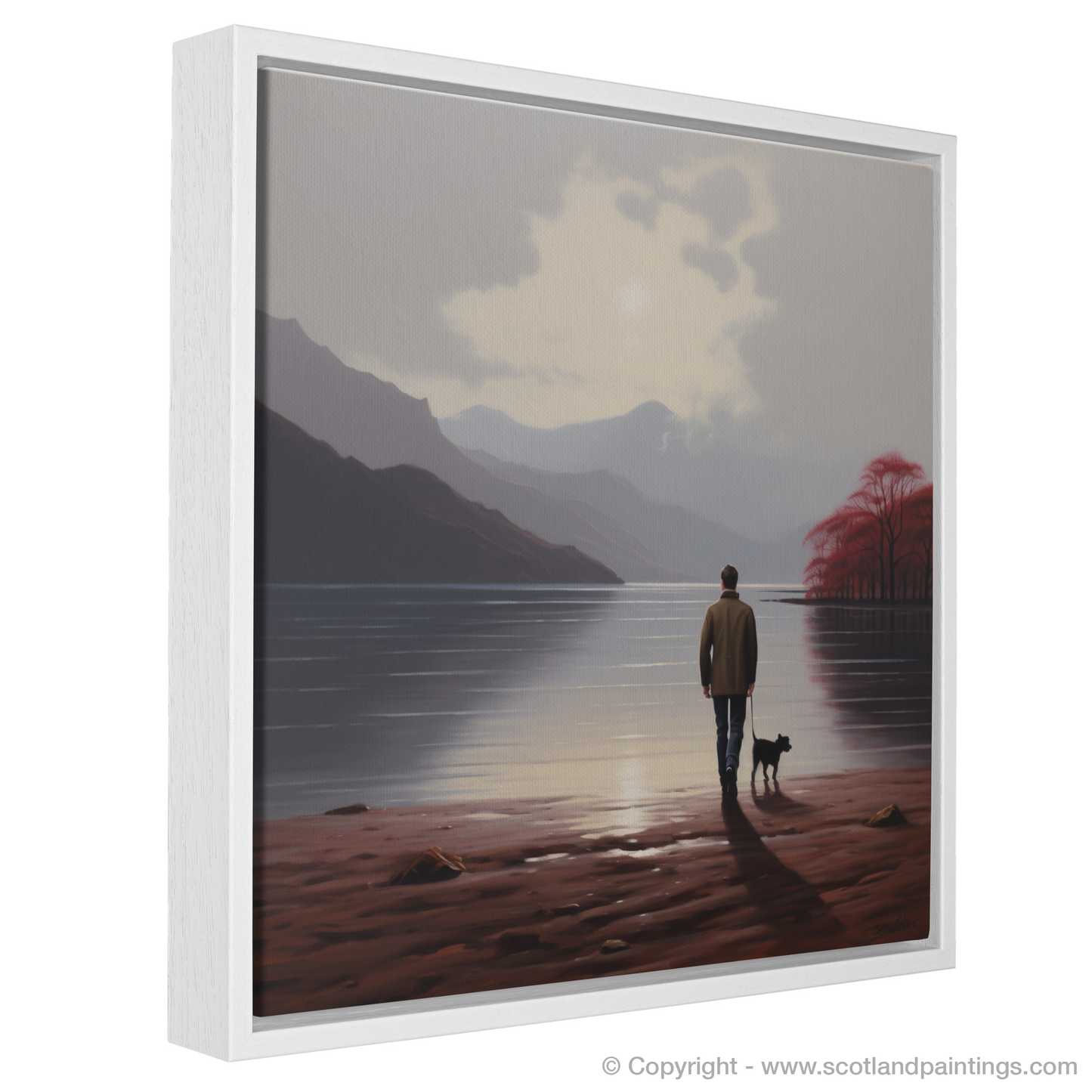 Painting and Art Print of A man walking dog at the side of Loch Lomond entitled "A Leisurely Stroll by Loch Lomond".