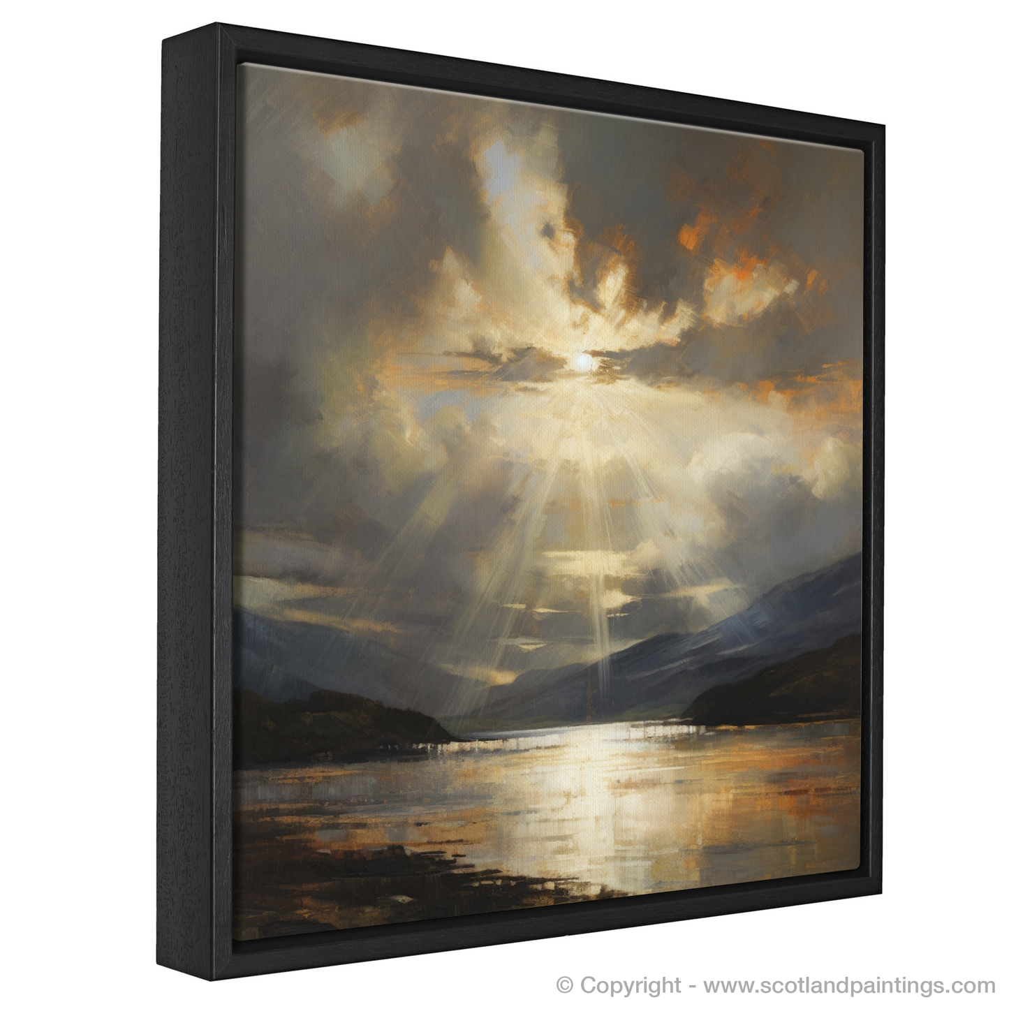 Painting and Art Print of Sun rays through clouds above Loch Lomond entitled "Sunlight's Embrace: An Abstract Ode to Loch Lomond".