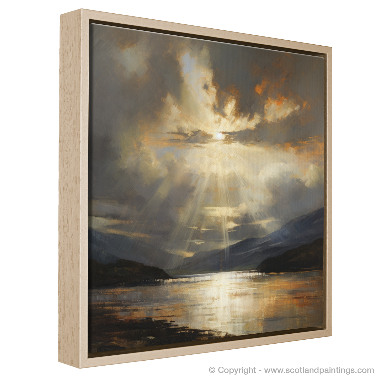 Painting and Art Print of Sun rays through clouds above Loch Lomond entitled "Sunlight's Embrace: An Abstract Ode to Loch Lomond".