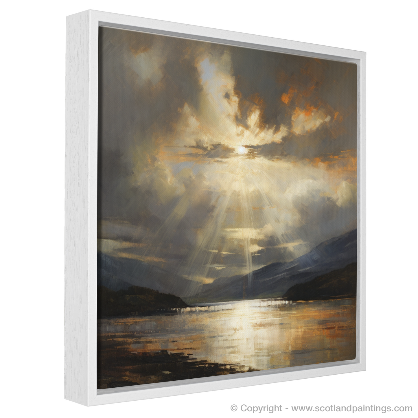 Painting and Art Print of Sun rays through clouds above Loch Lomond entitled "Sunlight's Embrace: An Abstract Ode to Loch Lomond".