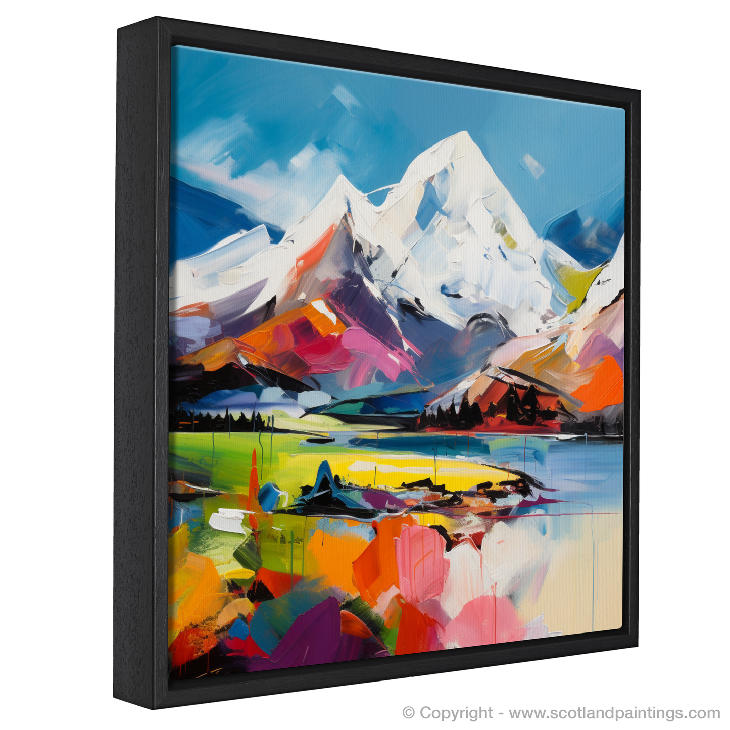 Painting and Art Print of Snow-capped peaks overlooking Loch Lomond entitled "Majestic Dance of Loch Lomond".