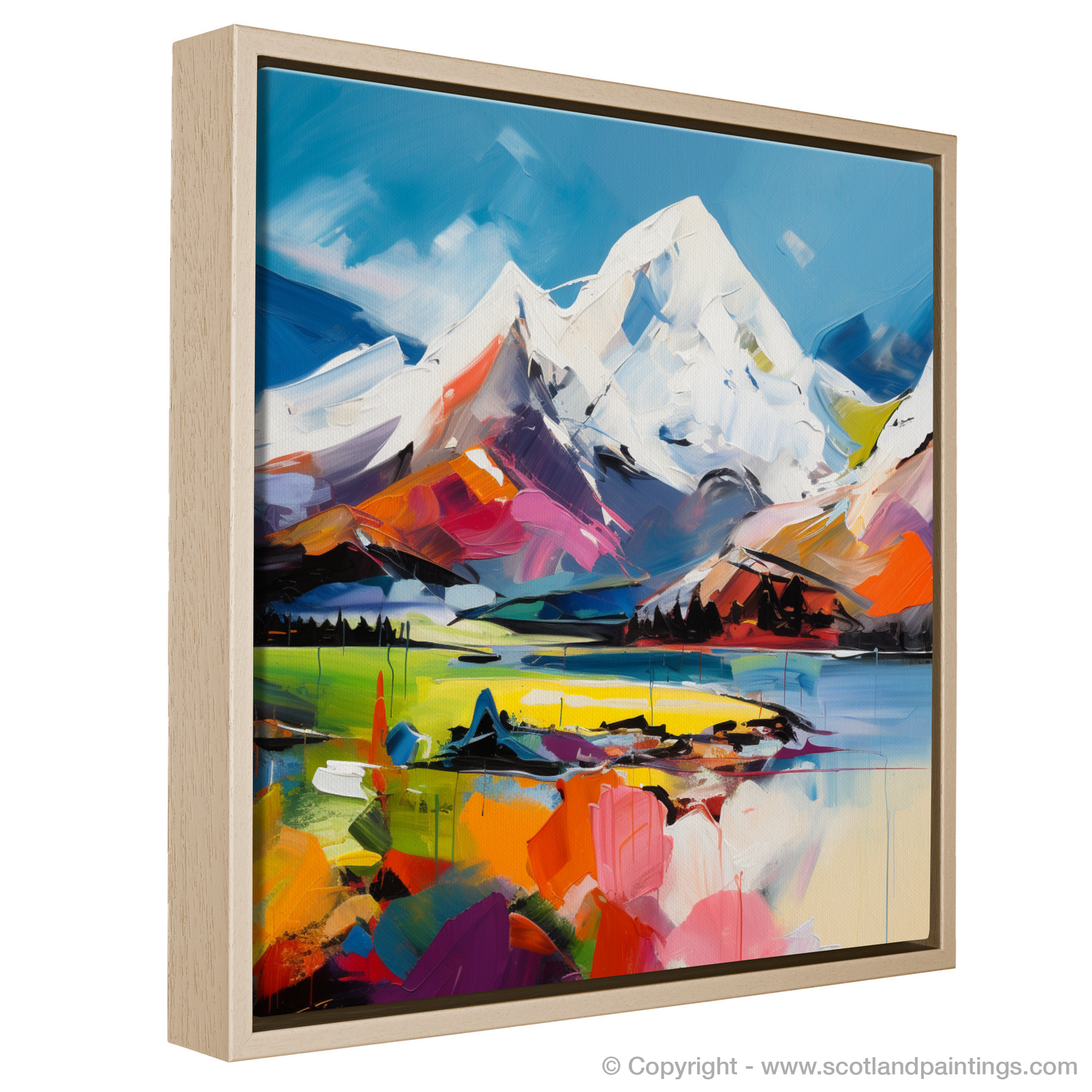 Painting and Art Print of Snow-capped peaks overlooking Loch Lomond entitled "Majestic Dance of Loch Lomond".