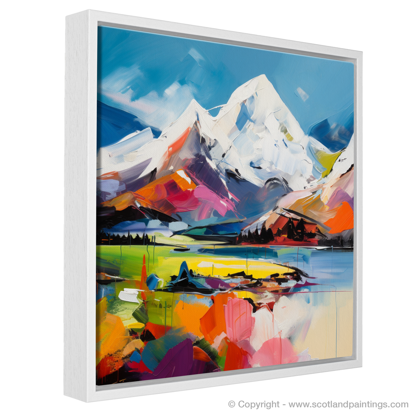 Painting and Art Print of Snow-capped peaks overlooking Loch Lomond entitled "Majestic Dance of Loch Lomond".