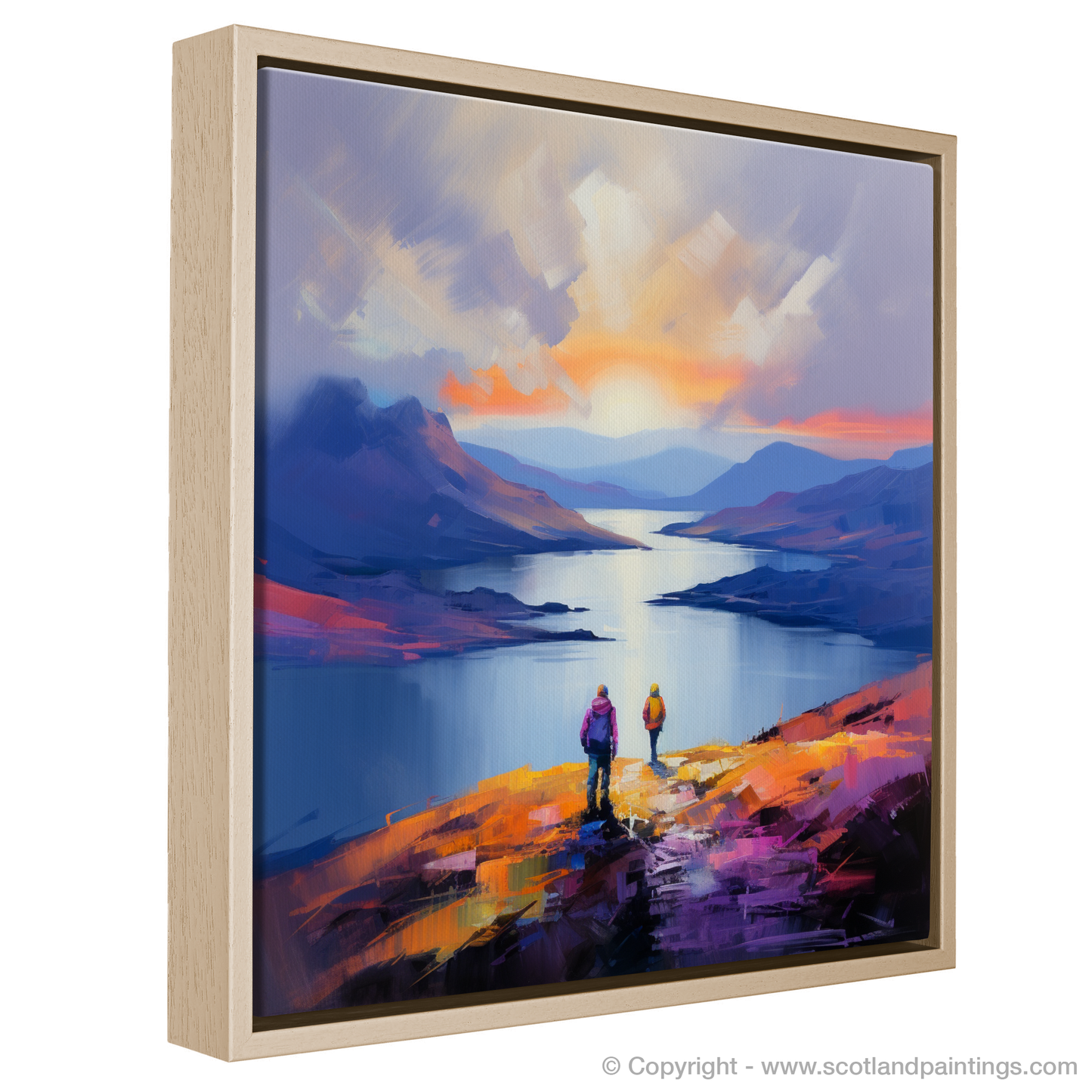 Painting and Art Print of Two hikers looking out on Loch Lomond entitled "Sunset Serenade at Loch Lomond".