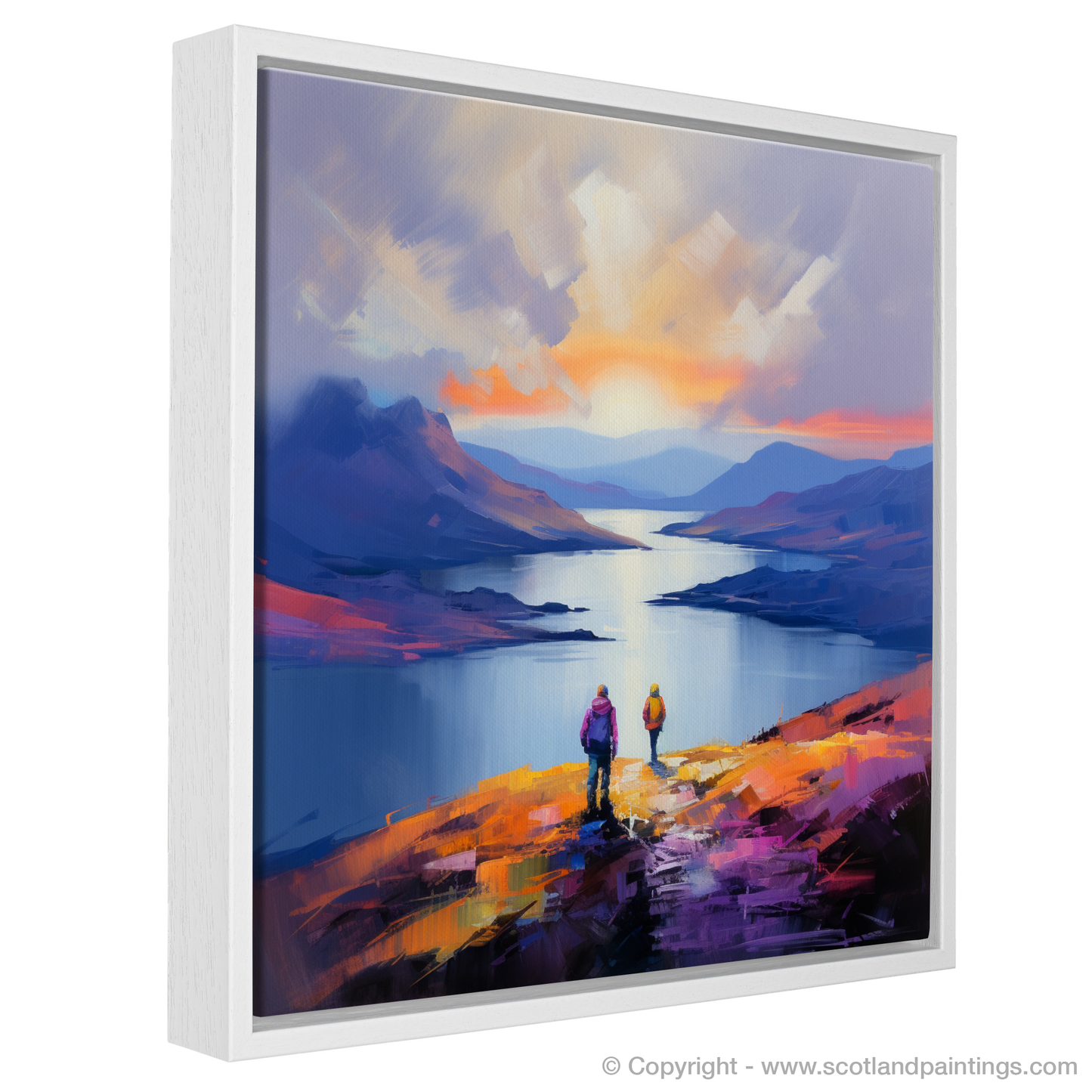 Painting and Art Print of Two hikers looking out on Loch Lomond entitled "Sunset Serenade at Loch Lomond".