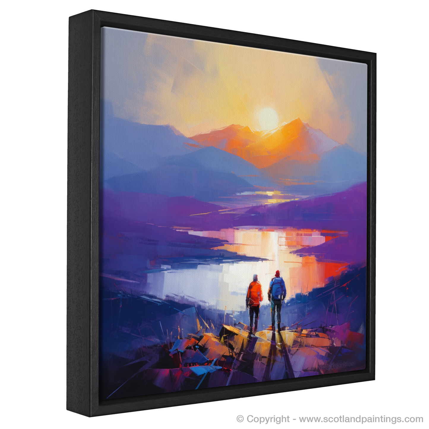 Painting and Art Print of Two hikers looking out on Loch Lomond entitled "Sunset Solace: Two Hikers by Loch Lomond".