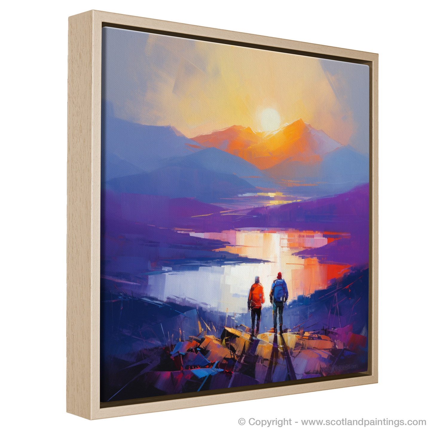 Painting and Art Print of Two hikers looking out on Loch Lomond entitled "Sunset Solace: Two Hikers by Loch Lomond".