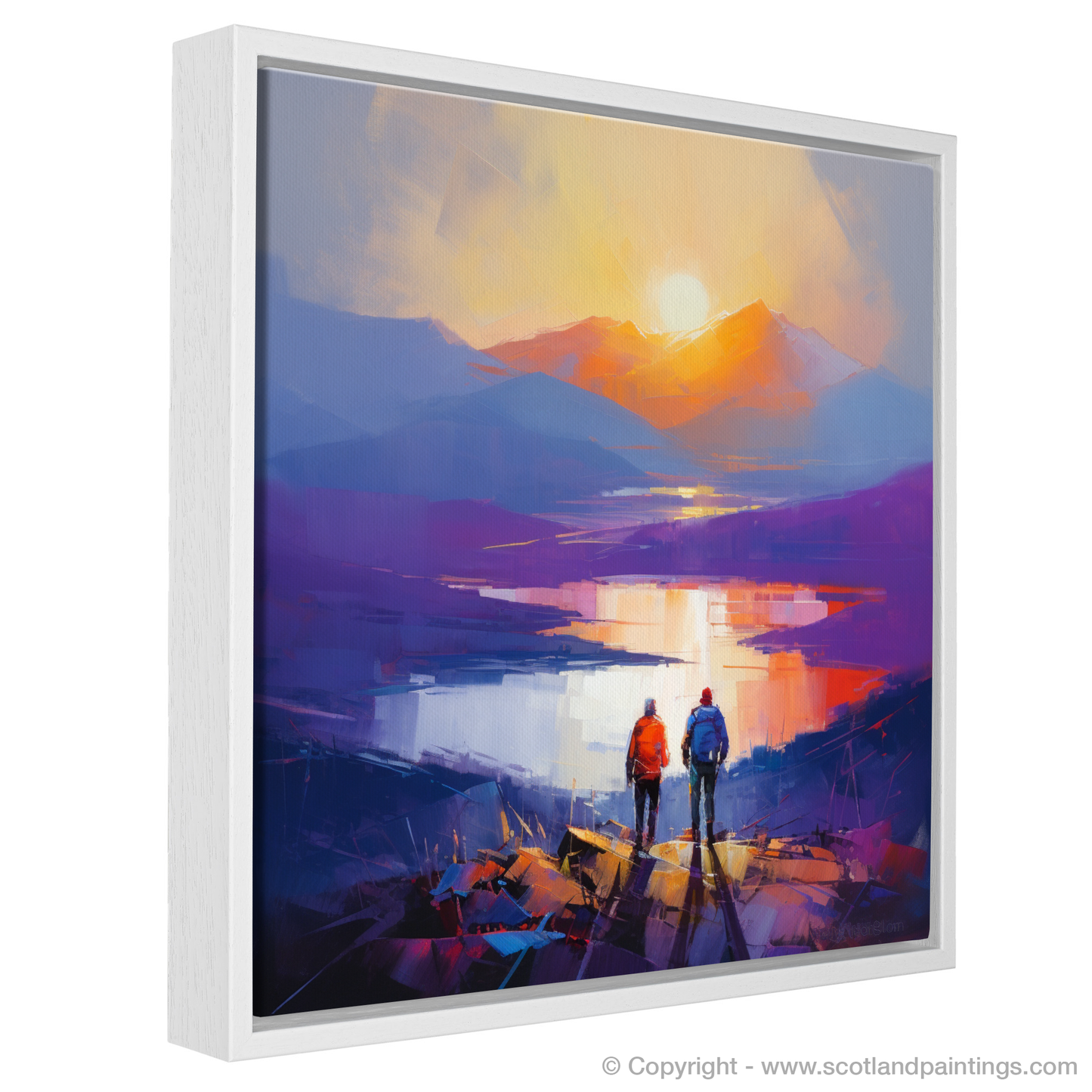 Painting and Art Print of Two hikers looking out on Loch Lomond entitled "Sunset Solace: Two Hikers by Loch Lomond".