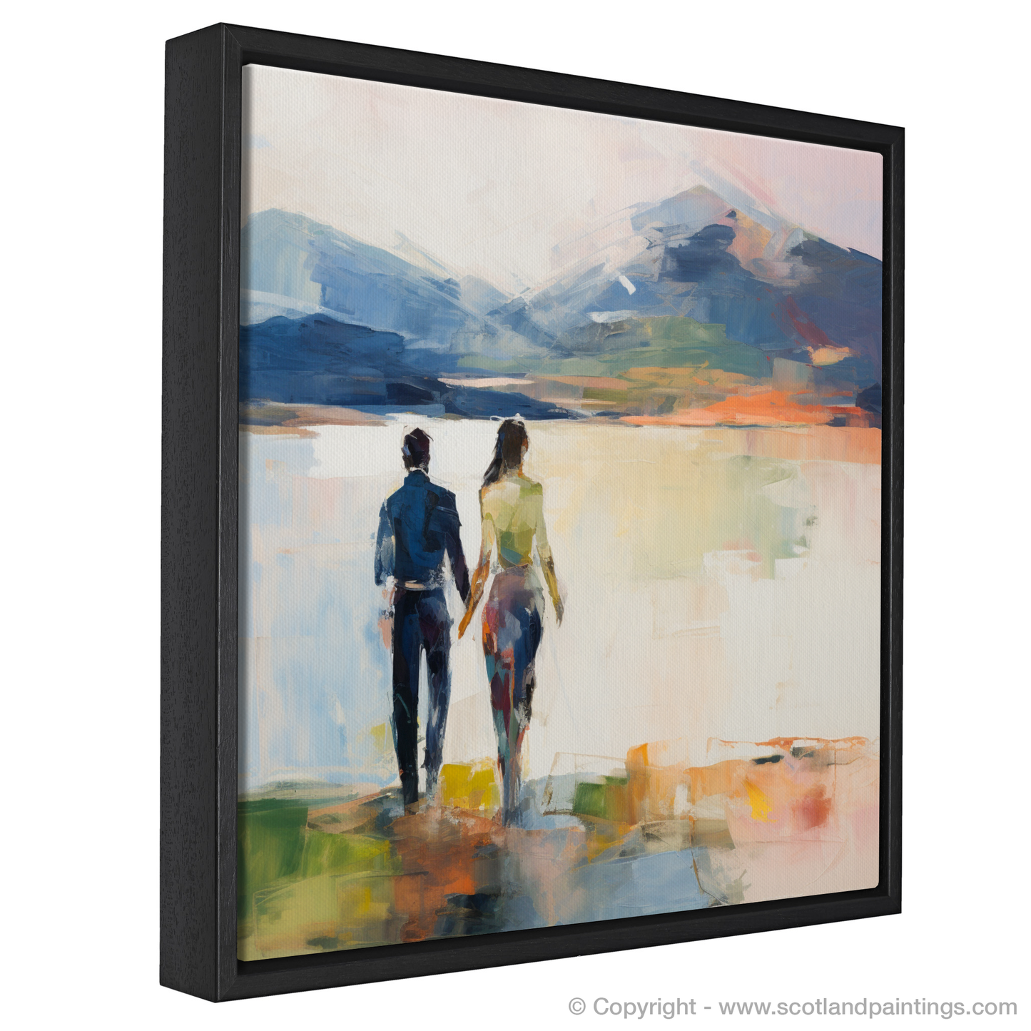 Painting and Art Print of A couple holding hands looking out on Loch Lomond entitled "Embracing Serenity: A Loch Lomond Duet".