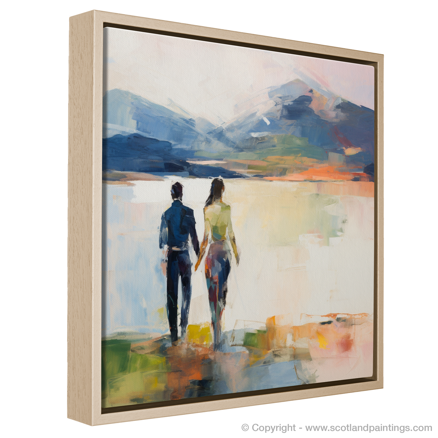 Painting and Art Print of A couple holding hands looking out on Loch Lomond entitled "Embracing Serenity: A Loch Lomond Duet".