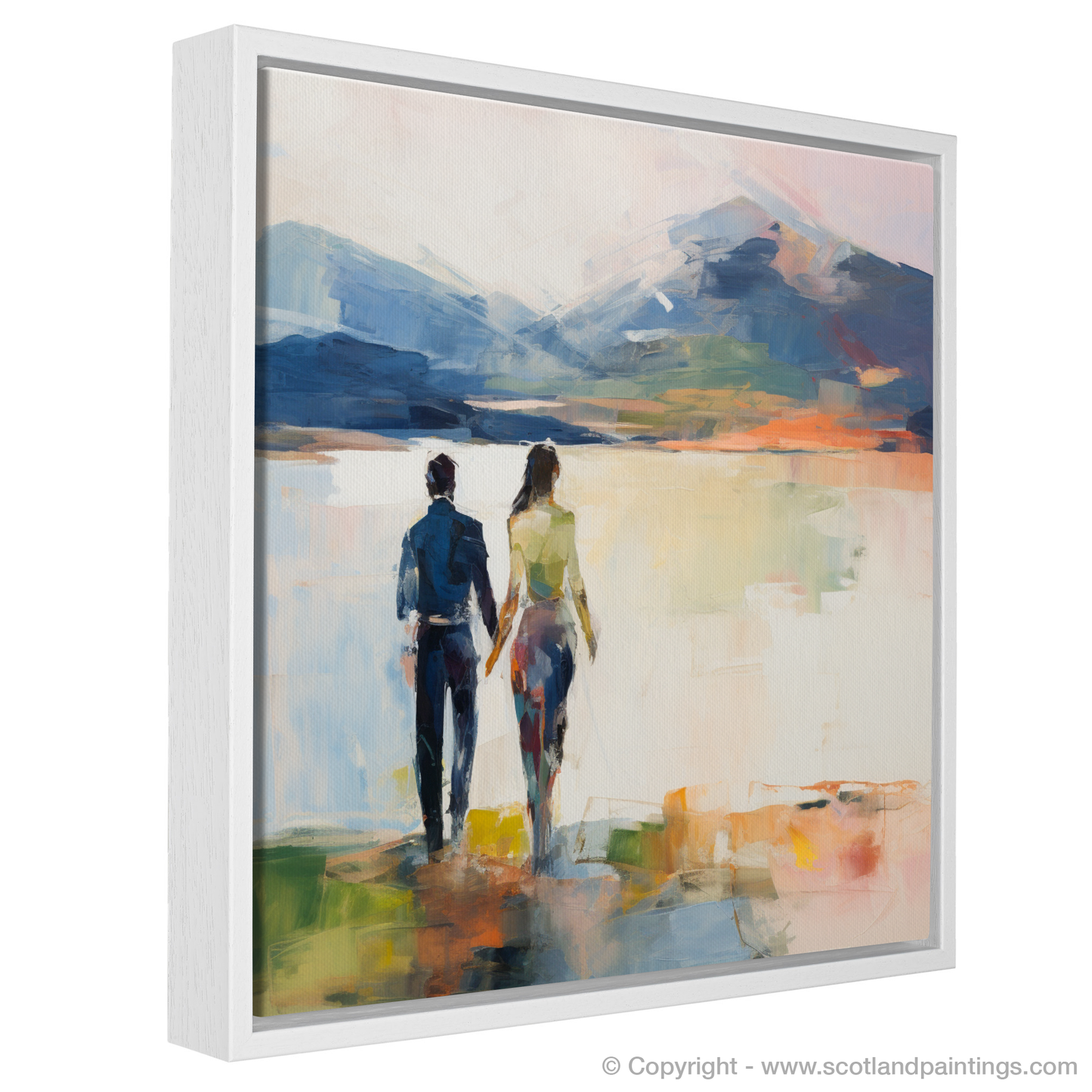 Painting and Art Print of A couple holding hands looking out on Loch Lomond entitled "Embracing Serenity: A Loch Lomond Duet".