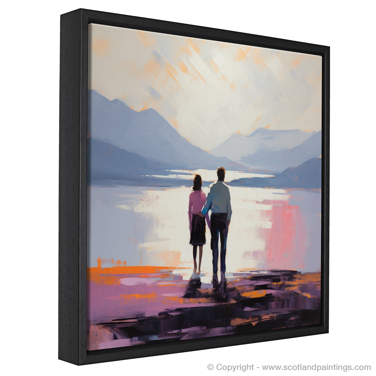 Painting and Art Print of A couple holding hands looking out on Loch Lomond entitled "Embrace at Dusk: A Loch Lomond Rendezvous".