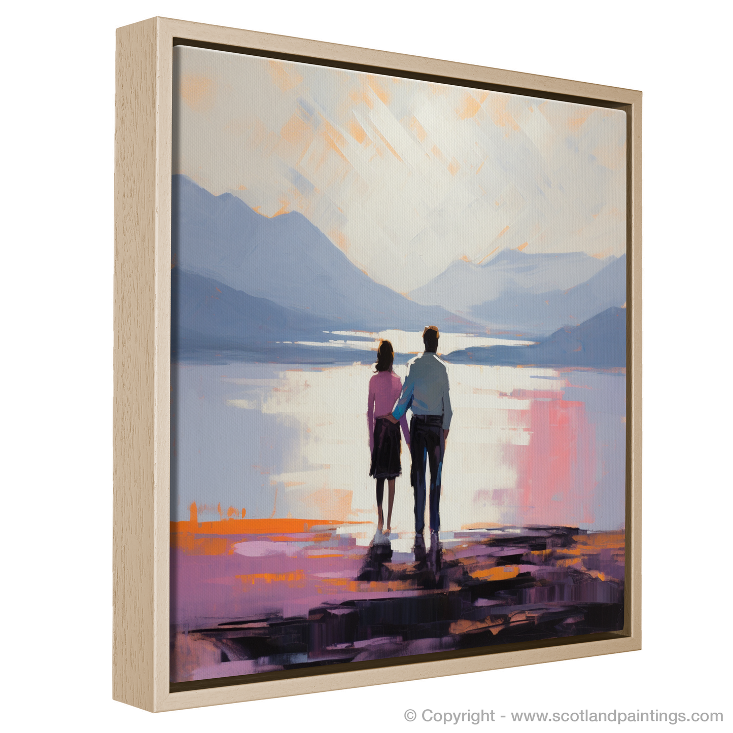 Painting and Art Print of A couple holding hands looking out on Loch Lomond entitled "Embrace at Dusk: A Loch Lomond Rendezvous".