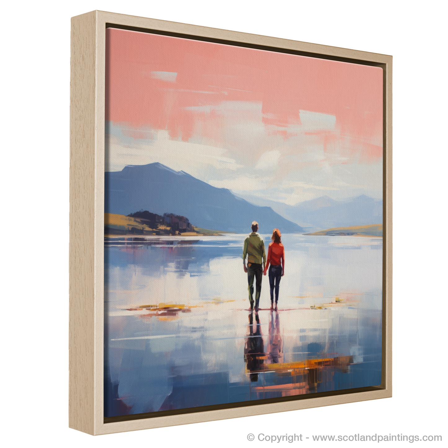 Painting and Art Print of A couple holding hands looking out on Loch Lomond entitled "Embrace at Dusk: A Loch Lomond Reverie".