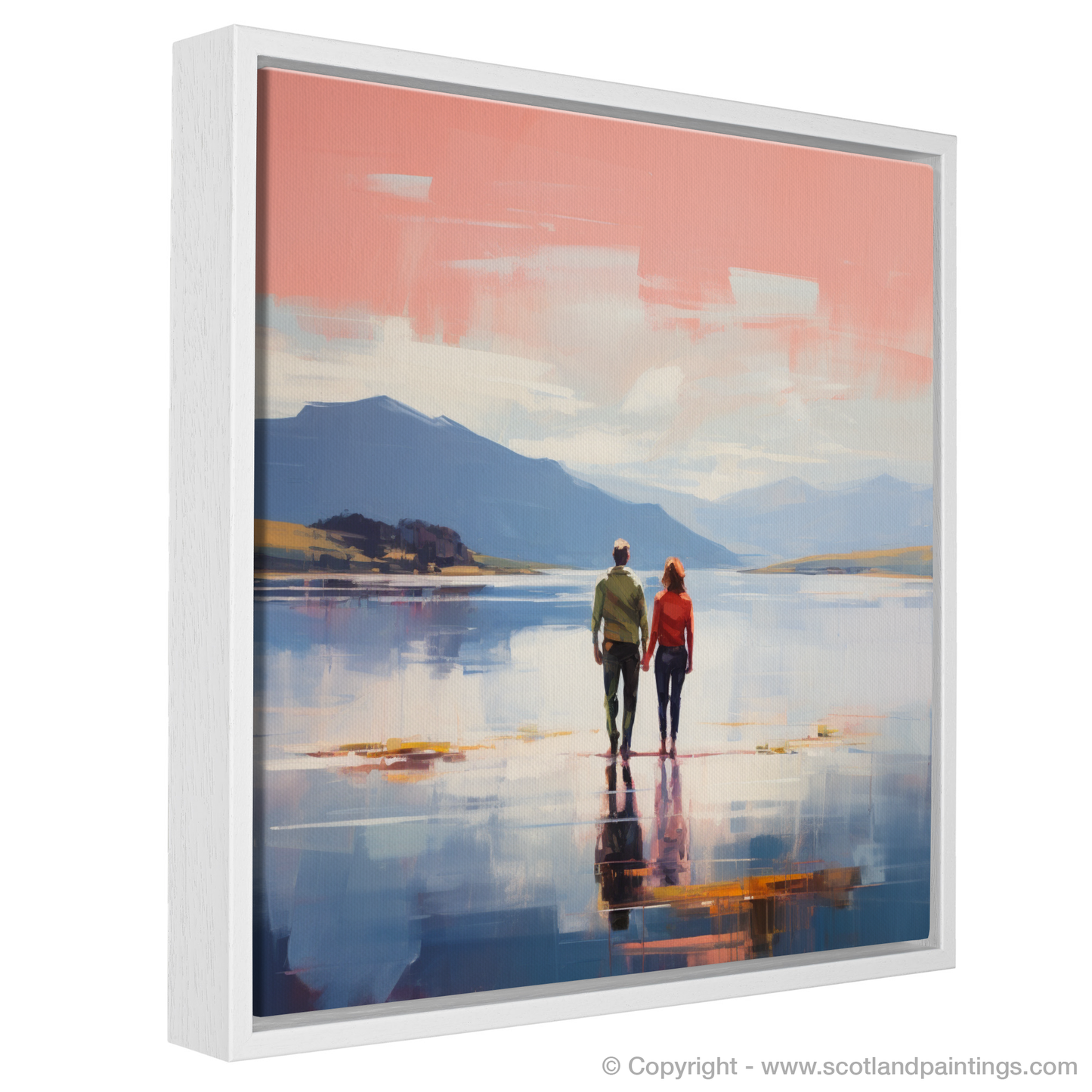 Painting and Art Print of A couple holding hands looking out on Loch Lomond entitled "Embrace at Dusk: A Loch Lomond Reverie".