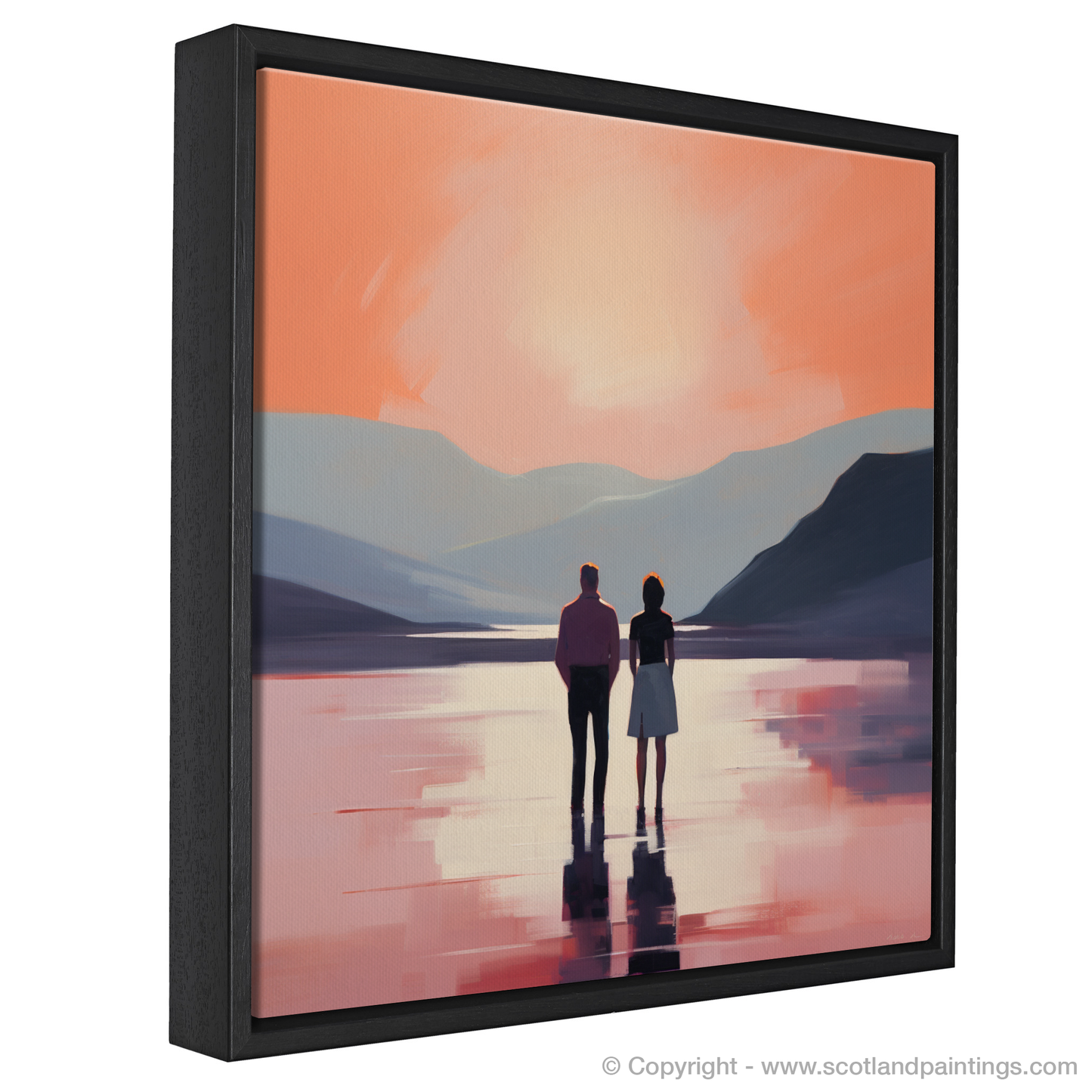 Painting and Art Print of A couple holding hands looking out on Loch Lomond entitled "Embracing Serenity at Loch Lomond".