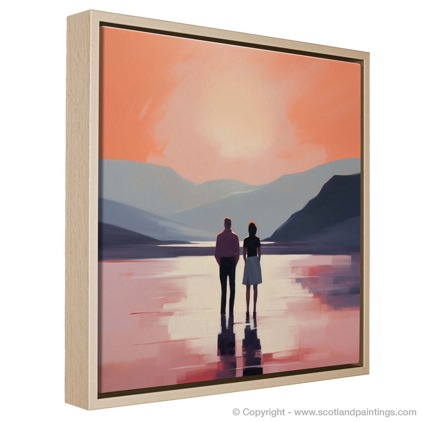 Painting and Art Print of A couple holding hands looking out on Loch Lomond entitled "Embracing Serenity at Loch Lomond".