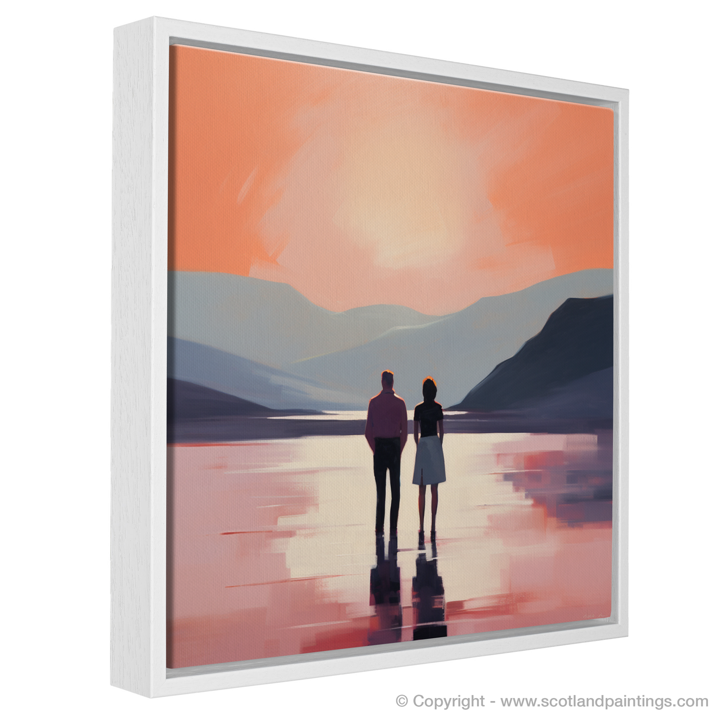 Painting and Art Print of A couple holding hands looking out on Loch Lomond entitled "Embracing Serenity at Loch Lomond".