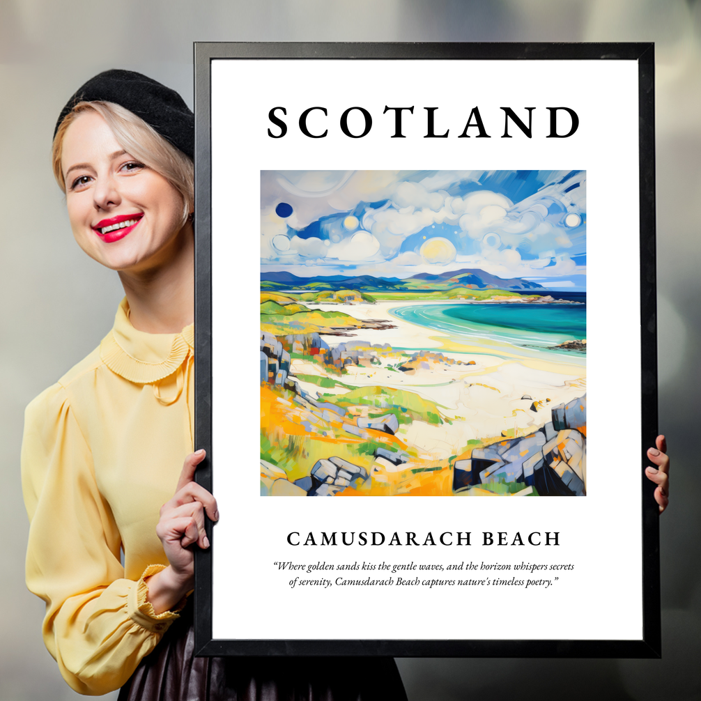 Person holding a poster of Camusdarach Beach