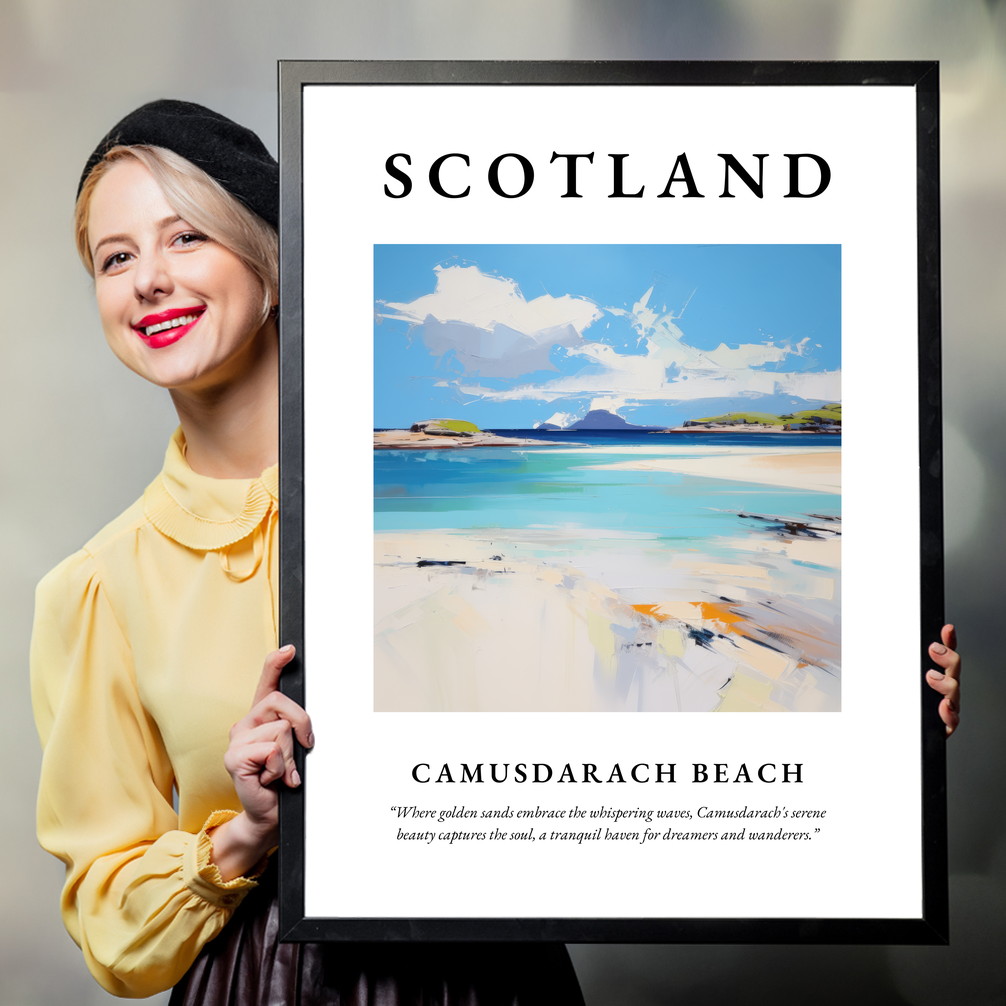 Person holding a poster of Camusdarach Beach