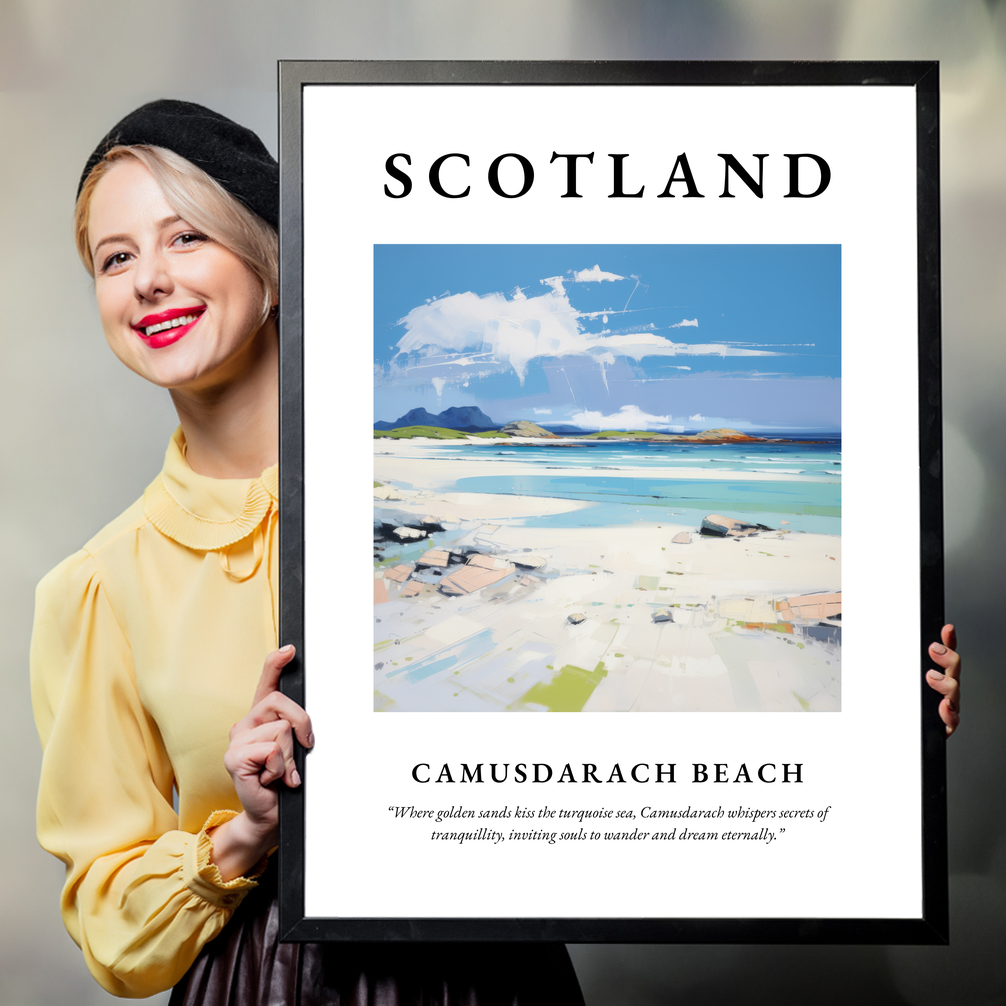 Person holding a poster of Camusdarach Beach