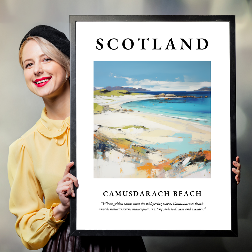 Person holding a poster of Camusdarach Beach