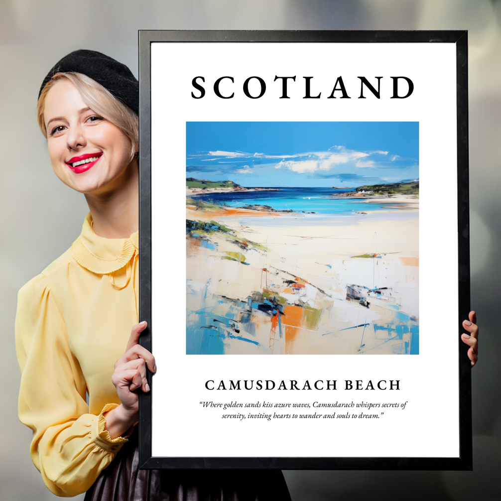 Person holding a poster of Camusdarach Beach