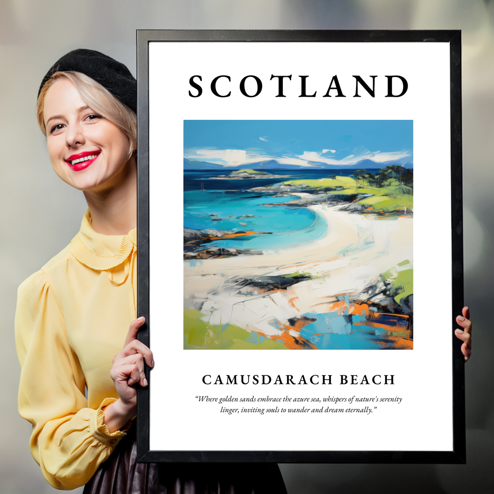 Person holding a poster of Camusdarach Beach