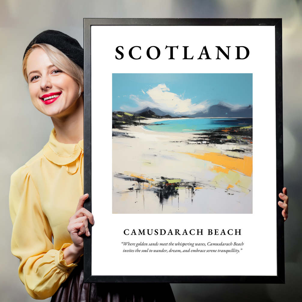 Person holding a poster of Camusdarach Beach