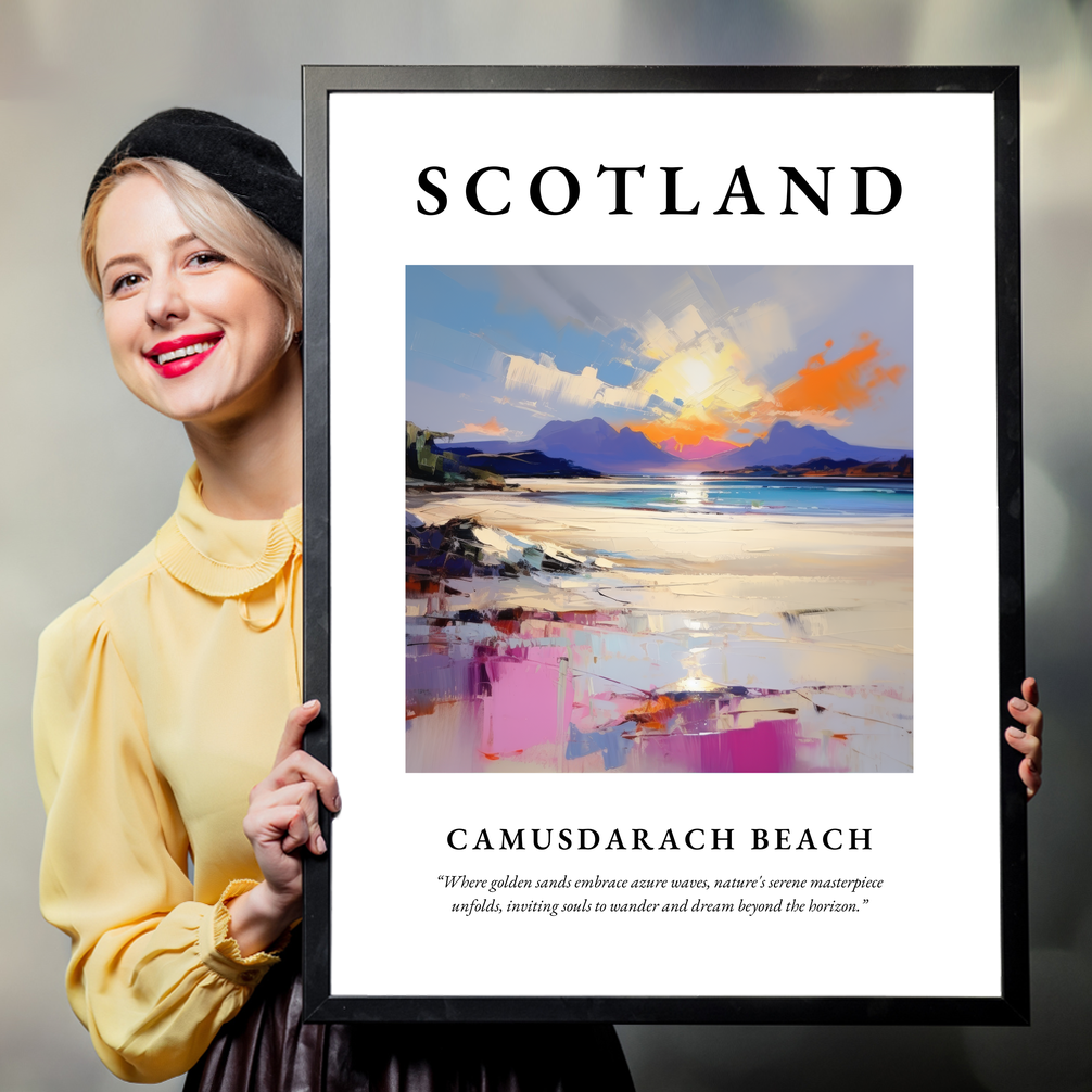 Person holding a poster of Camusdarach Beach