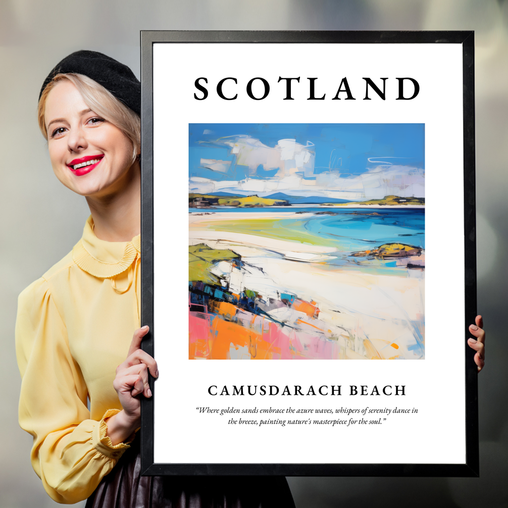 Person holding a poster of Camusdarach Beach