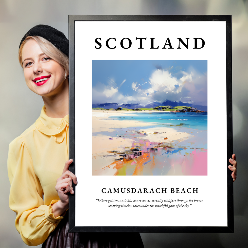 Person holding a poster of Camusdarach Beach