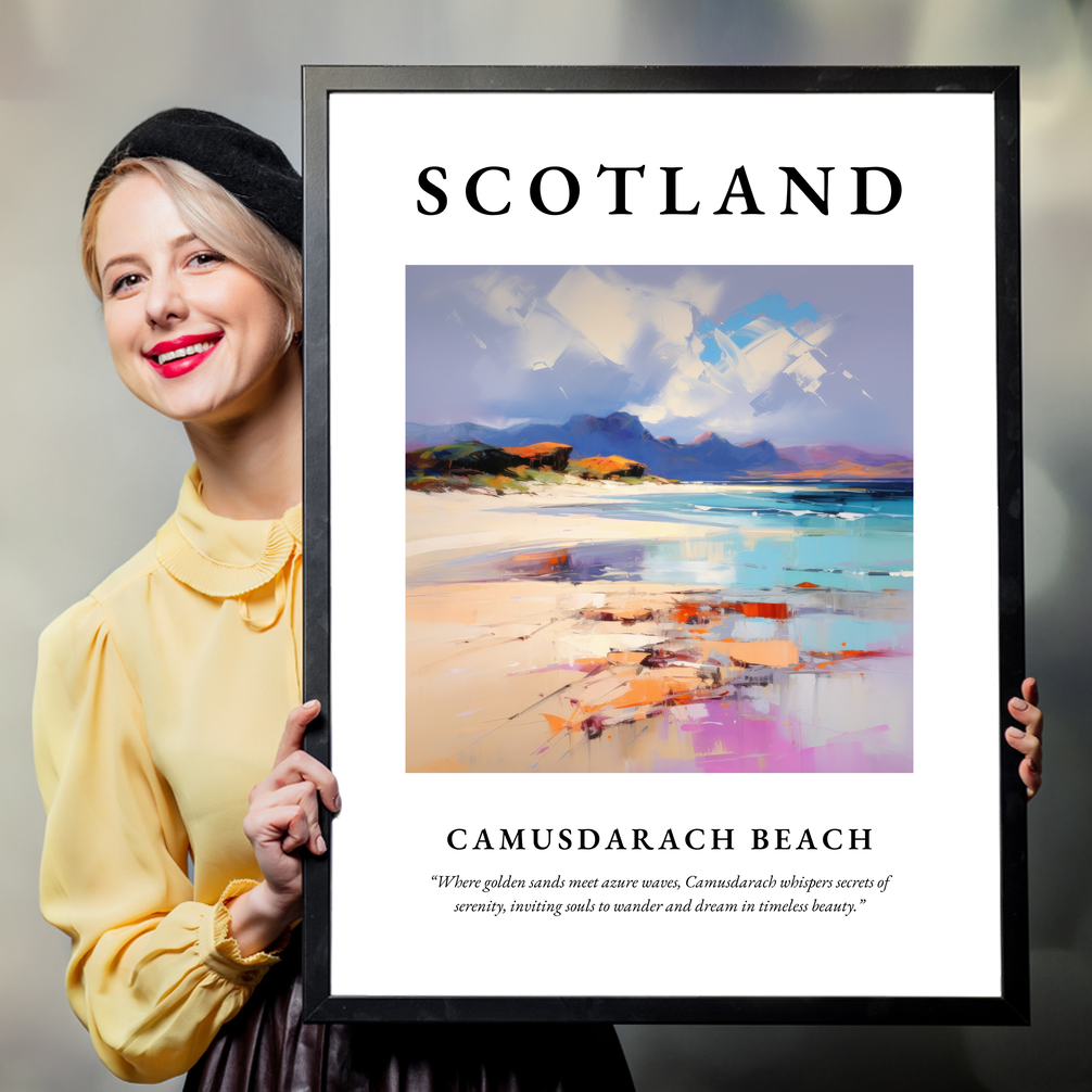 Person holding a poster of Camusdarach Beach