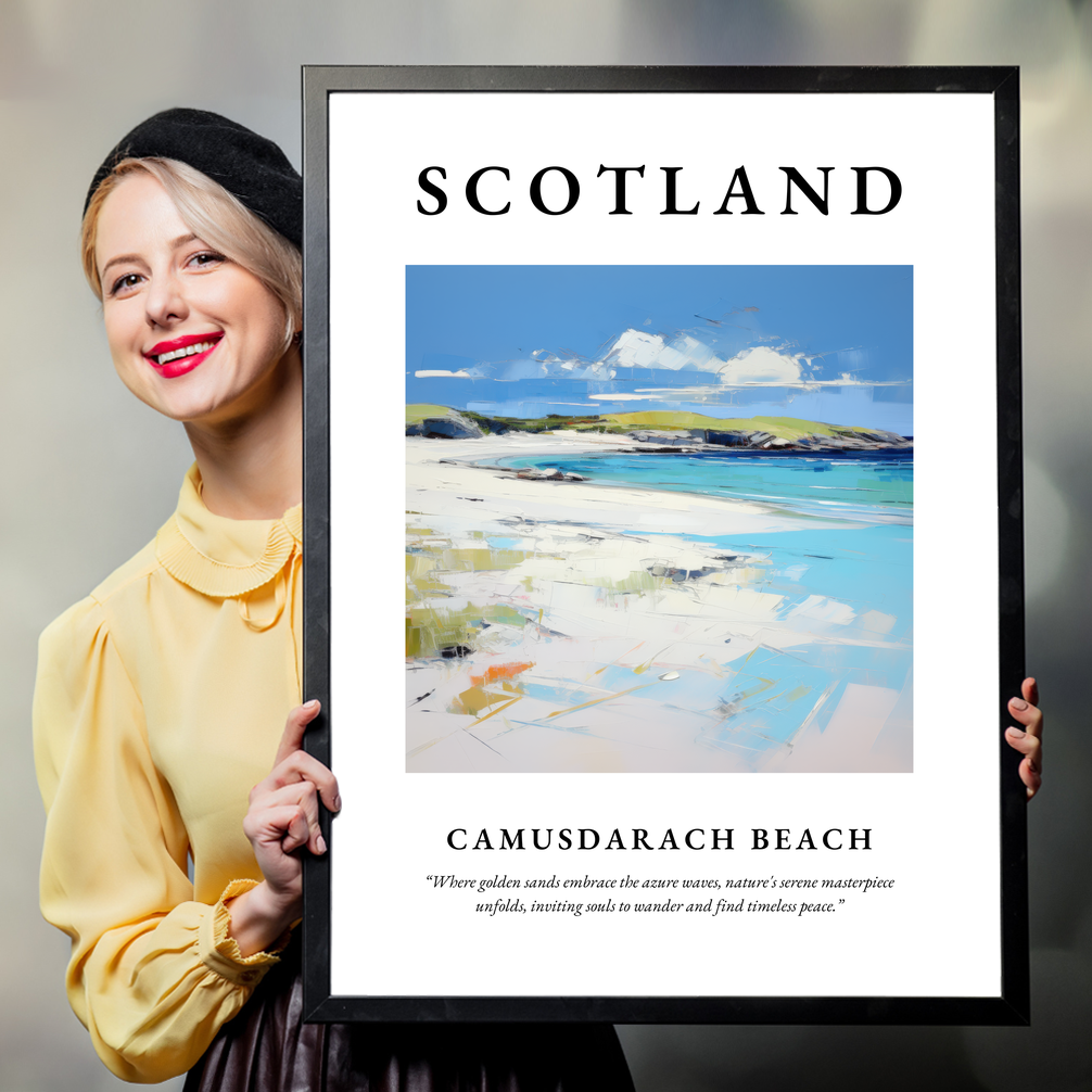 Person holding a poster of Camusdarach Beach