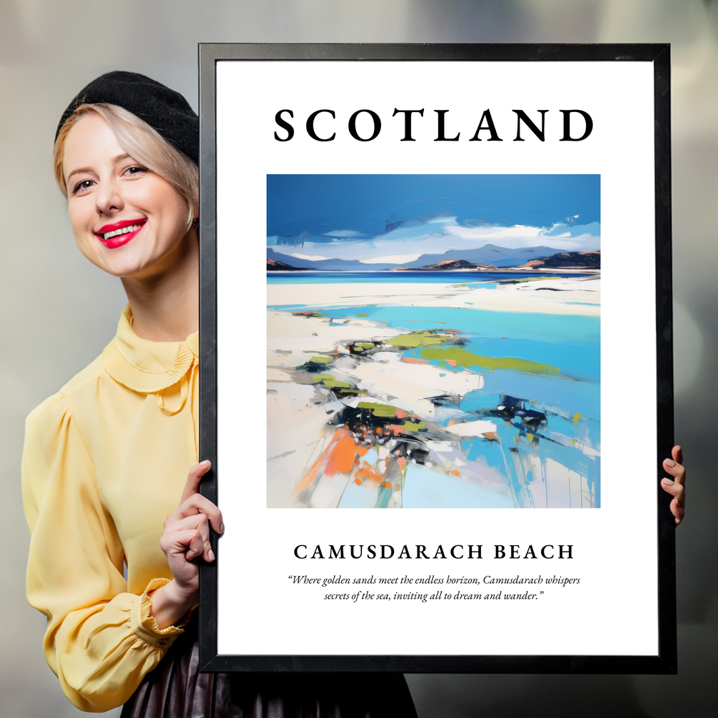 Person holding a poster of Camusdarach Beach