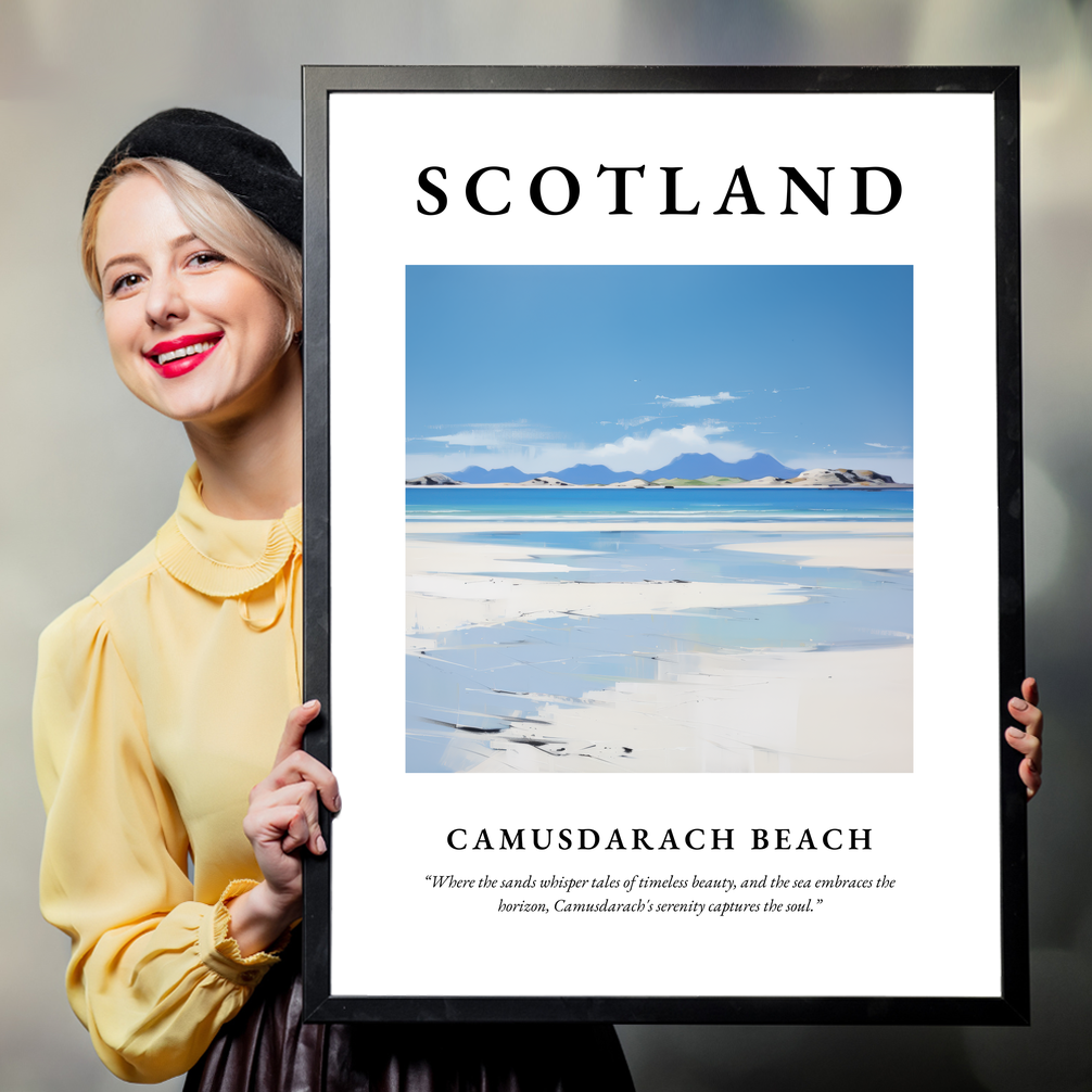 Person holding a poster of Camusdarach Beach