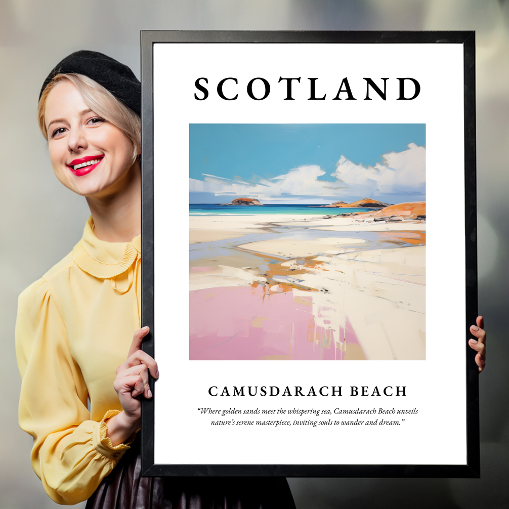 Person holding a poster of Camusdarach Beach